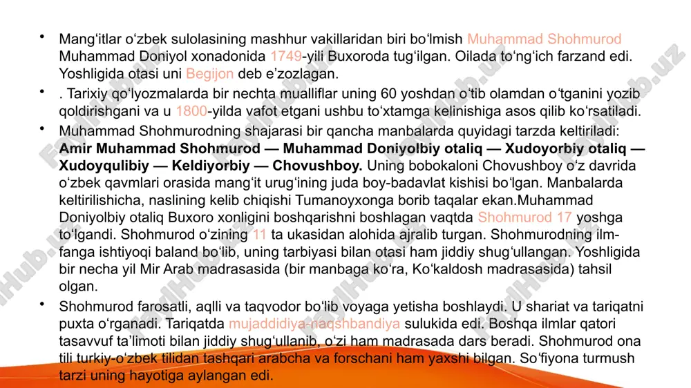 zli amirlari hokimiyatga qarshi isyon ko’taradi. ularga qarshi chiqgan muhammad doniyolbiy isyonkor vilo- yat hokimlari bilan bitim tuzadi.bitimga ko’ra,fozil to’rani taxtdan tushirib,o’rniga ashtarxoniy shaxzoda abulg’ozi xon- lik taxtiga o’tqazildi,muhammad doniyolbiy ham otaliq rut- basini hamda amaldagi hukmronlikni saqlab qoldi. shohmurodning otasi muhammad doniyolbiy keksayib,davlatni boshqarishga qiynalib qolgan edi.vaqt o’tib uning davrida davlatni qo- zikalon va qo’shbegi lavozimlaridagi sayyid nizomiddin qozi va davlat qo’shbegilar ikkovlashib davlatni boshqara boshlaydi.bu davr- da poraxo’rlik avjiga chiqadi.iqtisodiy tanglik,vayronagarchilik kengayib ketdi.xalqning noroziligi kuchayib bordi.karmana,o’ratepa, nurota,sherobod,boysun va boshqa joylarda mahalliy kuchlar bosh ko’tarib,poytaxt izmidan chiqishga harakat qiladi.1781-yilda ros- siya imperiyasi hukumati buxoro xonligi bilan savdo bitimi tuzishni taklif etganida muhammad domniyol bu bitimni 92 urug’ boshliqlari roziligisiz imzolay olmasligini aytdi.muhammad doniyol tayanchi bo’lgan qo’shinning ta’minoti uchun ko’plab qo’shimcha soliqlar joriy etishga majbur bo’ladi.natijada bu bilan poytaxtdagi hunarmandlar va savdo ahlini o’ziga qarshi qilib qo’yadi.1784-yilda buxoroda qo’zg’alon ko’tariladi,unda 100 ga yaqin kishi o’ldirilgan. muhammad doniyol 11 nafar o’g’lining …