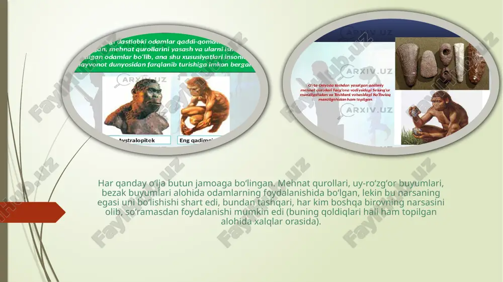 ncha yerdan foydalanish va hayvonlarni boqish bilan bog'liq edi. homo habilis va homo sapiens kabi ilk odamlar afrikada paydo bo'lgan va ularning birinchi yashash joylari tropik va subtropik hududlar edi. bu hududlarda issiq va nam iqlim hukmron edi. bunday iqlimda o'simliklar va hayvonlar xilma-xilligi yuqori bo'lib, odamlar uchun oziq-ovqat manbalari mavjud edi. neandertallar (homo neanderthalensis) kabi odamlar yevropada va g'arbiy osiyo hududlarida yashagan. ular sovuq, muzlik iqlimida, ayniqsa, glatsial davrda yashagan. neandertallar sovuq iqlimga moslashgan bo'lib, ular ko'pincha o'rmonlar va tog'lik hududlarda yashagan. ularning organizmlari sovuqda hayot kechirishga moslashgan va ular ko'proq yuguradigan va ovlovchi hayvonlar bilan o'zaro aloqada bo'lishgan. insoniyat taraqqiyotining eng muhim bosqichi tilning paydo boʻlishi edi. ov qilishda ularning muvofiqlashuviga hissa qoʻshadigan hayvonlarning signal tili oʻrniga, odamlar tilda „umuman tosh“, „umuman hayvon“ mavhum tushunchalarini ifodalash imkoniyatiga ega boʻldilar. tilning bunday qoʻllanishi insonlarni ov paytida emas, balki faqat misol bilan emas, balki soʻzlar bilan oʻrgatish imkoniyatiga olib keldi. …