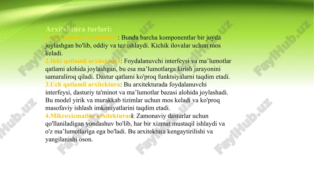 mary key va foreign key lar ishlatiladi. misol: buyurtmachilar va buyurtmalar jadvali. har bir buyurtmachining ko‘plab buyurtmalari bo'lishi mumkin, ammo har bir buyurtma faqat bitta buyurtmachiga tegishli. bu munosabatda buyurtmalar jadvalida buyurtmachi idsi foreign key sifatida saqlanadi, bu orqali jadvalda bog'lanish o'rnatiladi. ko'pga-ko'p munosabatlar (many-to-many relationship) ko‘pga-ko‘p munosabatlarda ikkala jadvaldagi yozuvlar ham bir-biriga mos ravishda bog‘lanishi mumkin. bunday munosabatni amalga oshirish uchun ko‘pincha uchinchi yordamchi jadval (oraliq jadval) qo‘llaniladi. misol: talabalar va kurslar jadvallari. har bir talaba bir nechta kursni tanlashi, va har bir kursda bir nechta talaba o‘qishi mumkin. bu holatda, talabalar-kurslar yordamchi jadvali yaratiladi, bunda talaba va kurslar o‘rtasidagi ko‘pga-ko‘p munosabatlarni ifodalaydi. talaba id va kurs id bu yordamchi jadvalda foreign key sifatida saqlanadi. tranzaksiyalarni boshqarishda oddiy so‘rovlar tranzaksiyalarni boshqarishda oddiy so‘rovlar (sql queries) yordamida ma'lumotlarni manipulyatsiya qilish, ularni qo‘shish, o‘zgartirish yoki o‘chirish imkoniyati mavjud. bu so‘rovlar orqali tranzaksiyalarni amalga oshirishda aniqlik va izchillikni ta'minlash mumkin. quyida tranzaksiyalar …