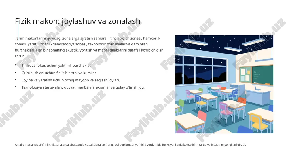 'radi. maqsad: individual ehtiyoj va qobiliyatga moslashgan ta'lim yo'lini yaratish. shaxsiy o'qish yo'llari tanlov va moslashuv imkoniyatlari ta'lim natijalariga o'quvchining ovozini kiritish xulosa va keyingi qadamlar #1a2d7a rangidagi strategik yondashuv: o‘quvchi-markazli dizayn, moslashuvchan infratuzilma va pedagogik qo‘llab-quvvatlash. keyingi qadamlar: tezkor audit va prioritetlarni aniqlash — 4 haftalik ish rejasi. pilot loyihani ishga tushirish — 3 oy ichida prototip va baholash. o‘qituvchilar uchun cpd (davomiy malaka oshirish) dasturi — 6 oylik modul. natijalarni o‘lchash va kengaytirish — yil yakunida to‘liq tahlil. ushbu reja sizning muassasangizning xususiyatiga moslashtirilishi kerak. biz yordam berishga tayyormiz — kontaktlar va qo‘shimcha resurslar uchun murojaat qiling. ruhlantiruvchi yakun: zamonaviy ta’lim muhitini loyihalash — bu nafaqat dizayn, balki ta’limning kelajagini yaratish jarayonidir. har bir kichik o‘zgartish katta ta’sir ko‘rsatishi mumkin. 12 etiboringiz uchun rahmat image2.png image3.png image4.png image5.png image6.png image-5-2.svg image-5-4.svg image-5-6.svg image-5-8.svg image7.png image8.png image9.png image10.png image11.png image12.png image13.png image14.png image15.png image16.png image17.png