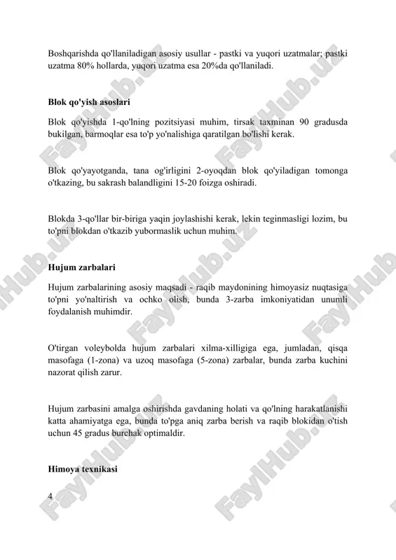 % ga kamaytirish orqali samaradorlikni oshiradi. psixologik tayyorgarlik psixologik tayyorgarlikda o'yinchilarning 70-80% diqqatini jamlash, stressni boshqarish va motivatsiyani saqlash muhim ahamiyatga ega. musobaqaga psixologik tayyorgarlik jarayonida 5-7 kun oldin vizualizatsiya va meditatsiya texnikalaridan foydalanish natijalilikni oshiradi. o'tirgan voleybolchilarning psixologik barqarorligi uchun 3-4 ta aniq maqsadlarni belgilash va ularga erishish strategiyasini ishlab chiqish zarur. jarohatlarning oldini olish o'tirgan voleybolchilar uchun isinish mashqlari 10-15 daqiqa davom etishi kerak, bu mushaklarni aktivlashtiradi va harakat oralig'ini oshirib, jarohatlar xavfini kamaytiradi. muntazam kuch mashqlari, ayniqsa qo'l, yelka va core mushaklarini mustahkamlashga qaratilgan mashqlar, ortiqcha yuklanishdan kelib chiqadigan jarohatlarning oldini olishda muhim rol o'ynaydi. noto'g'ri texnika tufayli yuzaga keladigan jarohatlarning oldini olish uchun to'g'ri pozitsiyada o'tirish va harakatlanish, zarba berish hamda bloklash texnikasini o'rgatish va takomillashtirish zarur. mashqlar va o'quv rejasi mashqlar rejasi asosiy harakatlarni 3 bosqichda o'zlashtirishni ko'zda tutadi: 1-bosqichda muvozanatni saqlash, 2-bosqichda to'pni uzatish, 3-bosqichda esa hujum harakatlarini bajarishga urg'u beriladi. o'quv rejasida haftalik …