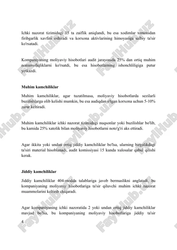 i ta'minlash kerak. tavsiyalar moliyaviy ta'sirni hisobga olgan holda ishlab chiqilishi lozim, misol uchun, 15% xatolikni kamaytirish orqali qancha mablag' tejalishi mumkinligini aniqlash muhim. boshqaruv javobi boshqaruv javobi audit hisobotida aniqlangan kamchiliklarni tuzatish bo'yicha rejalashtirilgan harakatlar, muddatlar va mas'ul shaxslarni o'z ichiga oladi. ushbu javobda audit natijalariga e'tirozlar yoki qo'shimcha tushuntirishlar, shu jumladan, ichki nazorat tizimlarining 2023-yilgi holati haqida ma'lumot berilishi mumkin. boshqaruv javobi, odatda, audit yakunlangandan so'ng 30-60 kun ichida taqdim etiladi va u muvofiqlashtirish va monitoring uchun muhim ahamiyatga ega. amalga oshirish rejalari amalga oshirish rejalari, odatda, aniqlangan kamchiliklarni bartaraf etish uchun aniq chora-tadbirlarni o'z ichiga oladi, masalan, xodimlarni qayta tayyorlash yoki yangi dasturiy ta'minotni joriy etish. ushbu rejalar, auditdan keyin, resurslarni taqsimlash, javobgarlikni belgilash va monitoringni o'z ichiga olgan 90 kunlik muddat ichida aniq maqsadlarga erishishga qaratilgan. ular auditda aniqlangan zaif tomonlarni tuzatish uchun muhim bosqichlar, masalan, 3 bosqichli xavfsizlik protokollarini ishlab chiqish va ularni amalga oshirish …