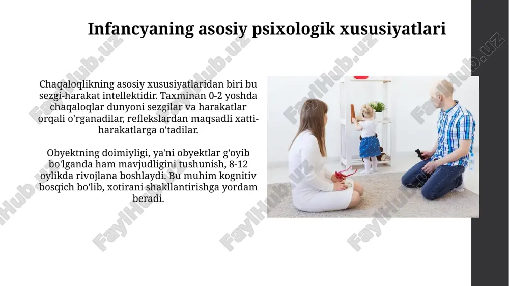 gan harakatlarga aylanadi. ob'ekt doimiyligi, taxminan 8 oylikdan boshlanib, ob'ekt ko'rinmasa ham, uning mavjudligini tushunishni anglatadi. bu muhim kognitiv qadam, chunki u ramziy fikrlashning asosi hisoblanadi. o'yinning roli o'yin orqali bolalar ijodiy qobiliyatlarini rivojlantiradilar, yangi g'oyalarni sinab ko'radilar va muammolarni yechishda turli xil yondashuvlardan foydalanadilar. 1 yoshdan 3 yoshgacha bo'lgan davrda bu juda muhim. o'yin bolalarga ijtimoiy ko'nikmalarni o'rgatadi, masalan, navbat kutish, bahslashish va hamkorlik qilish, bu esa 2 yoshdan 4 yoshgacha bo'lgan davrda tengdoshlar bilan munosabatlarni shakllantiradi. xulosa xulosa shuni ko'rsatadiki, 0-3 yosh davrida sezgir davrlar mavjud bo'lib, miya rivojlanishi va ta'lim uchun muhim ahamiyatga ega (masalan, tilni o'rganish 0-36 oy). xulosa shuni ta'kidlaydiki, bolaning xulq-atvoriga ota-onaning munosabati katta ta'sir ko'rsatadi, ayniqsa 12-18 oylik davrda avtonomiyaning rivojlanishi muhim. e'tiboringiz uchun rahmat image2.jpg image3.jpg image4.jpg image5.jpg image6.jpg image7.jpg image8.jpg image9.jpg image10.jpg image11.jpg image12.jpg image13.jpg image14.jpg image15.jpg image16.jpg image17.jpg image18.jpg