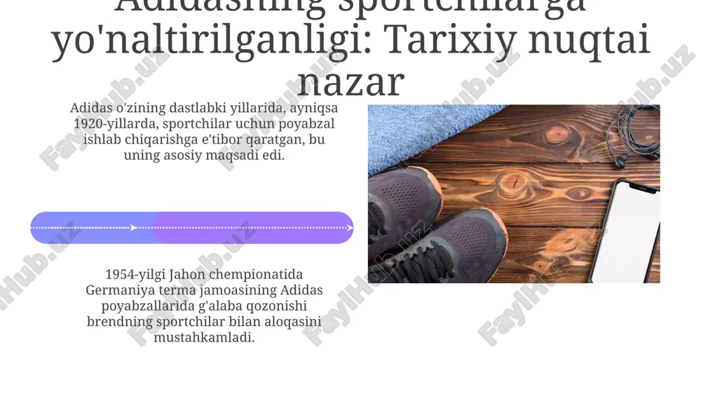 hga qaratilgan, bu brend imijini mustahkamlaydi. adidas sportchilarga e'tibor qaratgan holda bozorni egallashda, mahsulot sinovlari va tadqiqotlari orqali sportchilarning aniq ehtiyojlarini qondirishga qaratilgan strategiyalarni ishlab chiqdi. savol-javoblar adidas sportchilarga qaratilgan bo'limi, masalan, savol-javoblar platformasi, sportchilarning trening bo'yicha savollariga javob berish uchun 24/7 onlayn xizmatni taqdim etadi. savol-javoblar kanallari orqali adidas sportchilarga mahsulotlar, texnologiyalar va sport tadbirlari haqida chuqur ma'lumot beradi va ularning tajribasini boyitadi. e'tiboringiz uchun rahmat image5.jpg image6.jpg image7.jpg image8.jpg image9.jpg image10.jpg image11.jpg image12.jpg image13.jpg image14.jpg image15.jpg image16.jpg image17.jpg image18.jpg image19.jpg image20.jpg image1.jpeg image2.jpeg image3.jpeg