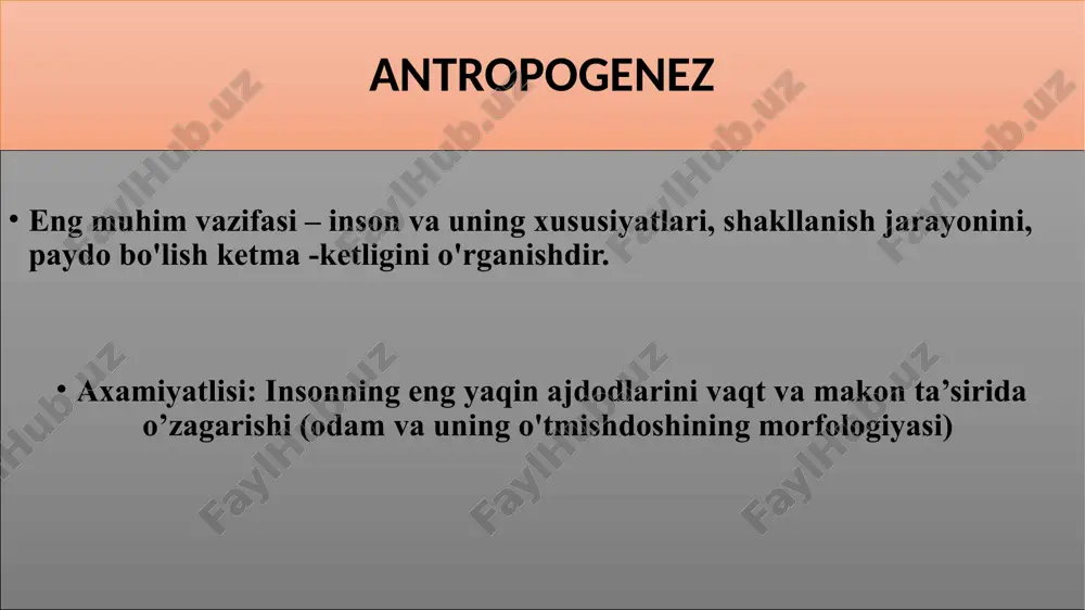 iya bu organizm uchun biologik salbiy ahamiyatga ega bo'lgan me'yordan har qanday og'ish lingvistik antropologiya ijtimoiy omillar va vaqt ta’sirida nutqning o‘zgarishini tadqiq qiladi; odamlarning va jamoalarning ijtimoiy hayotida tilning rolini o'rganadigan antropologiya bo'limi; til ijtimoiy identifikatsiya, guruhlarga a'zo bo'lish va madaniy e'tiqod va mafkuralar yaratishda katta rol o'ynaydi; tilshunoslardan farqli o'laroq, tilshunoslik antropologlari tilni faqatgina tilga qaramaydi, til madaniyat va ijtimoiy tuzilmalar bilan birlashtiriladi. arxeologik antropologiya (sodda qilib aytganda) buyumlarning qoliqlariga asoslanib inson faoliyati va madaniy shakllarini qayta tiklaydi, tasvirlaydi va boshqalarni islox qiladi. odamlar yashab turgan yoki qachonlardir yashab o'tgan makonlardan san'at asari, buyumlar, mexnat qurollari va istiqomat qilgan to’dalar, ular ustida tadqiqot ishlari olib boradi. image1.emf image2.emf image3.emf image4.emf image5.emf image6.png /docprops/thumbnail.jpeg