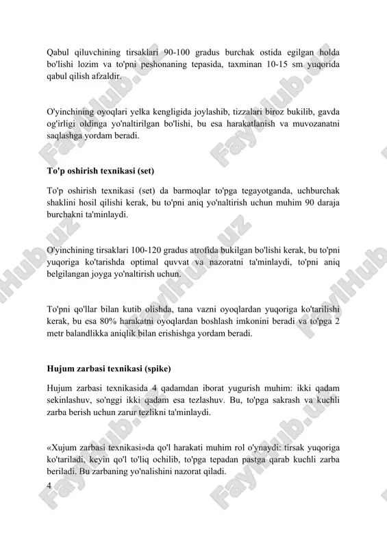 1-raqamli hujum bilan boshlanishi mumkin, so'ngra sekinroq 5-raqamli hujum bilan yakunlanadi, himoyachilarni adashtiradi." "strategiyalarga himoyachilarning pozitsiyalarini kuzatish, zaif joylarni aniqlash va raqib blokidan qochish uchun to'pni aniq yo'naltirish kiradi." mudofaa taktikasi: joylashuv va rotatsiya mudofaa joylashuvi 3-3 tizimida, 1-o'yinchi qisqa to'pni himoya qiladi, 6-o'yinchi markazni qoplaydi va 5-o'yinchi uzoq to'plarni ushlaydi. bu muvozanatni saqlash uchun muhim. rotatsiya taktikasida 1-o'yinchi 2-o'ringa o'tadi, 2-o'yinchi 3-o'ringa va hokazo. bu harakat mudofaa pozitsiyalarini yangilaydi va o'yinchilarni charchoqdan saqlaydi. mudofaa taktikasida libero o'yinchisi 6-zonada faol bo'lib, blokdan qaytgan to'plarni qabul qiladi va jamoaning mudofaa qobiliyatini 40% ga oshiradi. blok qo'yish taktikasi: o'qish va javob berish blok qo'yishda 'o'qish' bosqichi raqib hujumchining pozitsiyasi, yugurishi va zarba berish texnikasini kuzatishni o'z ichiga oladi. bu 1-raqamli qadam bo'lib, muvaffaqiyatli blok uchun muhimdir. blokdagi 'javob berish' qismi raqib hujumini o'qigan holda 2 yoki 3 blokchi bilan to'g'ri joylashish va sakrash vaqtini belgilashni anglatadi. vaqt juda muhim. agar raqib 4-zonadan …