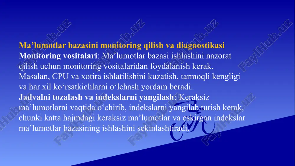 i u quyi tuzilmalarni, ya'ni ierarxik (ota-bola) bog'lanishlarni yaratishga imkon beradi. xml'ning ma'lumotlar bazasi sifatida qo'llanilishi xml fayllari odatda quyidagi maqsadlarda ma'lumotlar bazasini tasvirlash uchun ishlatiladi: ma'lumotlar tuzilishini saqlash: xml fayllari ierarxik ma'lumotlarni saqlash uchun juda mos keladi, masalan, kompaniya xodimlari yoki mahsulotlar katalogini saqlash. ma'lumotlar almashinuvi: xml ochiq format bo'lgani uchun, turli tizimlar orasida ma'lumotlarni almashish oson. veb-ilovalar: xml ko'pincha veb-ilovalarda ma'lumotlar almashish va ulanishlar o'rnatishda foydalaniladi. xml da ma’lumotlar bazasini tuzish xml yordamida ma’lumotlarni strukturalash uchun quyidagi asosiy elementlardan foydalaniladi: elementlar: ma'lumotni saqlash uchun ishlatiladi va taglari orasida yoziladi. atributlar: elementlarga qo'shimcha ma'lumot berish uchun ishlatiladi va element ochiluvchi tag ichida yoziladi. teglar: har bir ma'lumot turi yoki sohada o'ziga xos teglardan foydalanish mumkin. xulosa xulosa qilib aytganda, xml (extensible markup language) ma’lumotlarni saqlash va almashish uchun qulay vositadir. xml ierarxik tuzilishi tufayli murakkab ma'lumotlarni saqlashga imkon beradi va ochiq formatda yaratilgani uchun turli tizimlar o'rtasida integratsiyani osonlashtiradi. …