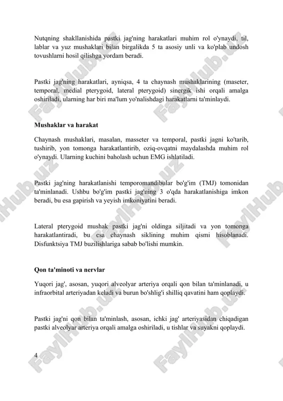 r. temporomandibular bo'g'im (tmj) disfunksiyasi og'riq va cheklangan harakat bilan namoyon bo'ladi, 33% holatlarda artroz, 25% holatlarda esa travmadan kelib chiqadi. alveolyar suyak sinishi tish implantatsiyasi muvaffaqiyatiga xavf soladi, chunki 1-3 mm dan ortiq suyak yo'qolishi implantatsiya barqarorligiga salbiy ta'sir qiladi. kasalliklar va sharoitlar temporomandibular qo'shma kasallik (tmj) og'riq, jag' funktsiyasini buzilishi va 3.6 million aholiga ta'sir qilishi mumkin, sabablari artritdan tortib tish g'ijirlashigacha bo'lgan omillarni o'z ichiga oladi. jag' suyagi osteonekrozi (onj) bifosfonatlar kabi dorilar bilan davolanish natijasida yuzaga kelishi mumkin, bu holatda jag' suyagining to'qimalari o'lishi kuzatilib, 1-10% hollarda rivojlanadi. tish-jag' deformatsiyalari, masalan, 2-sinf malokklyuziyasi, 75% hollarda uchraydi va okluziyani to'g'rilash uchun ortodontik yoki jarrohlik muolajalarni talab qilishi mumkin. diagnostika usullari rentgenografiya, shu jumladan panoramik rentgenografiya, jag' suyaklarining butun tuzilishini, shu jumladan tishlar va suyak anomaliyalarini aniqlashda muhim 2d tasvirni taqdim etadi. kompyuter tomografiyasi (kt) jag'larning 3d ko'rinishini beradi, bu esa sinishlar, o'smalar yoki implantatsiya rejalashtirish kabi murakkab …