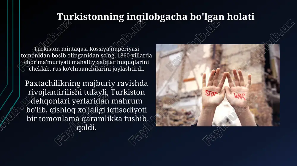 mustaqillik umidlarini so'ndirdi. 1917-yil mart oyida turkiston milliy markazi tashkil etildi. uning asosiy maqsadi mintaqaning siyosiy avtonomiyasiga erishish bo'lib, bu milliy harakatga turtki berdi. inqilobning uzoq muddatli ta'siri inqilob turkiston xalqlarining milliy o'zligini anglashiga turtki berdi, bu esa 1920-yillarda turli avtonom respublikalar tashkil etilishiga olib keldi. siyosiy elitaning shakllanishi jadallashdi, ammo 1930-yillarga kelib, ularning aksariyati stalin qatag'onlarining qurboni bo'ldi, milliy ziyolilar yo'q qilindi. xulosa: turkiston xalqlari uchun saboqlar fevral inqilobi, oʻz-oʻzini boshqarish imkoniyatini ochgan boʻlsada, 1917-yilgi siyosiy boʻlinishlar oʻzaro kelishuvning ahamiyatini koʻrsatdi, bu esa barqaror rivojlanish uchun zarur edi. mustamlakachilik davridan keyin, milliy birlikni mustahkamlash zarurligi aniqlandi; turkiston xalqlari manfaatlarini himoya qilishda 1917-yilgi oʻzgarishlar muhim saboq bo'ldi. e'tiboringiz uchun rahmat image1.png image2.jpg image3.jpg image4.jpg image5.jpg image6.jpg image7.jpg image8.jpg image9.jpg image10.jpg image11.jpg image12.jpg image13.jpg image14.jpg image15.jpg image16.jpg
