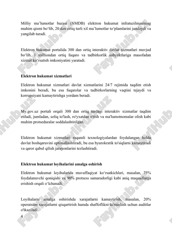 izimining asosiy omili; shaxsiy ma'lumotlarni himoya qilish uchun 128-bitli shifrlash standartlari joriy etilishi zarur. davlat xizmatlarining 90 foizini onlayn tarzda taqdim etish maqsadida elektron hukumat infratuzilmasini modernizatsiya qilish, xususan, bulutli texnologiyalarni qo'llash zarur. elektron hukumatning kamchiliklari va muammolari elektron hukumatda shaxsiy ma'lumotlarning xavfsizligi va himoyasi muhim muammo bo'lib, 2024-yilda kiberxurujlar soni 15% ga oshishi kuzatilmoqda. raqamli tengsizlik, ayniqsa, 65 yoshdan oshgan aholining 30% dan ortig'i internetdan foydalanishda qiyinchiliklarga duch kelishi, elektron hukumat xizmatlaridan foydalanishni cheklaydi. elektron hukumat tizimlarini joriy etish uchun dastlabki kapital xarajatlar juda yuqori bo'lishi mumkin, masalan, 1 million aqsh dollaridan oshishi, bu esa moliyaviy cheklangan davlatlar uchun qiyinchilik tug'diradi. o'zbekistonda elektron hukumat 2023-yilga kelib, o'zbekistonda elektron hukumatni rivojlantirish bo'yicha 'digital uzbekistan 2030' konsepsiyasi amalga oshirilmoqda, bu esa 300 dan ortiq davlat xizmatlarini raqamlashtirishni o'z ichiga oladi. o'zbekistonda 'yagona darcha' tamoyili asosida 200 dan ziyod interaktiv davlat xizmatlari ko'rsatilmoqda, bu esa fuqarolarga turli ma'lumotnomalarni olish jarayonini soddalashtiradi. o'zbekiston …