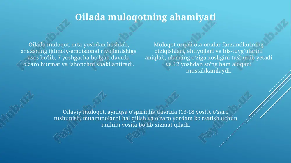 ni oshiradi, ularning 60% dan ortig'i jamiyatda o'z o'rnini topishga yordam beradi. oilaviy qadriyatlar, masalan, hurmat, ishonch, mehr-oqibat 1-avloddan 3-avlodga o'tadi, bolaning shaxsiy rivojlanishiga 75% ta'sir ko'rsatadi. an'anaviy oilaviy marosimlar, navro'z bayrami kabi, bolalarda milliy o'zlikni shakllantirishga yordam beradi, bunda 90% hollarda ijobiy natija qayd etiladi. bolaning hissiy ehtiyojlarini qondirish bolaning hissiy ehtiyojlarini qondirish, uning 0-3 yoshida mustahkam bog'lanish hosil qilishiga yordam beradi, bu esa kelajakda sog'lom munosabatlarga zamin yaratadi. ota-onalar bolaning hissiy signallariga (masalan, yig'i, mimika) sezgir bo'lishi, ularni tushunishi va 10-15 soniya ichida adekvat javob berishi muhim. bolaning 4 asosiy hissiy ehtiyojini (xavfsizlik, muhabbat, e'tibor, erkinlik) qondirish, uning o'ziga bo'lgan ishonchini oshiradi va ruhiy salomatligini ta'minlaydi. o'zaro hurmat va qo'llab-quvvatlash o'zaro hurmat oilada 7-14 yoshdagi bolalarda o'ziga ishonchni rivojlantiradi, ular o'z fikrlarini erkin ifoda etishlari va bahsli vaziyatlarda 80% muvaffaqiyatga erishishadi. qo'llab-quvvatlash bolalarning 5-9 yosh oralig'ida stressni kamaytiradi va ularning 65% ijtimoiy moslashuvchanlik qobiliyatini oshiradi, bu esa kelajakda …