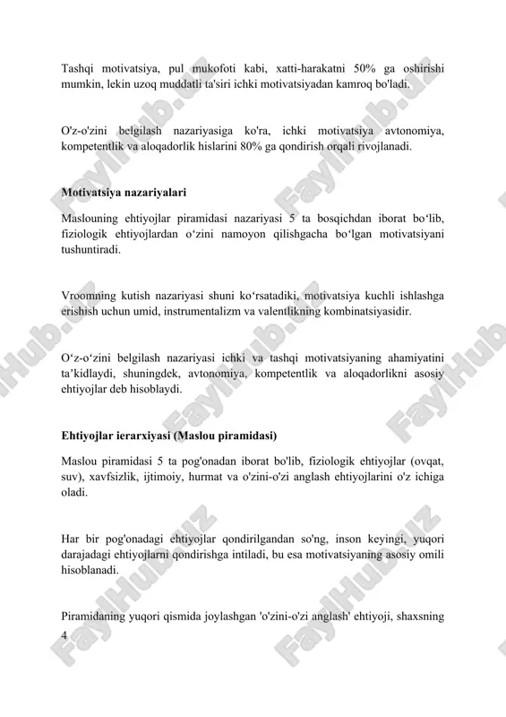 arni qisqa muddatli, o'rta muddatli va uzoq muddatli 3 ta toifaga ajratish, bu motivatsiyani saqlashga yordam beradi. o'zingizni 1 dan 10 gacha bo'lgan shkala bo'yicha baholab, har haftada erishgan yutuqlaringizni kuzatib boring, bu motivatsiya darajasini oshiradi. rag'batlantirish tizimini yarating: har bir vazifa uchun mukofotlar belgilang, masalan, har 5 ta topshiriqdan keyin 30 daqiqa dam olish motivatsiyani kuchaytiradi. shaxsiy rivojlanishda faollik va motivatsiyaning roli shaxsiy rivojlanishda faollik 70% motivatsiyani oshiradi, yangi ko'nikmalarni egallash va maqsadlarga erishish tezligini ikki barobarga oshiradi. ichki motivatsiya, ayniqsa, 30-40 yoshdagi shaxslar uchun muhim, chunki bu davrda faollik barqaror rivojlanishning 85% ini ta'minlaydi. faollikning rag'batlantiruvchi ta'siri 50% dan ortiq o'z-o'zini anglash va shaxsiy o'sishga turtki beradi, xususan, professional sohada. faollik va motivatsiya o'rtasidagi bog'liqlik faollik, 1-dan 10-gacha shkala boʻyicha oʻlchanadigan motivatsiya darajasiga bevosita ta’sir qiladi, chunki koʻproq harakat koʻproq maqsadga erishish imkoniyatini beradi. motivatsiya, oʻz navbatida, faollikni kuchaytiradi; masalan, yuqori ichki motivatsiya odamni 7 kun davomida jismoniy …