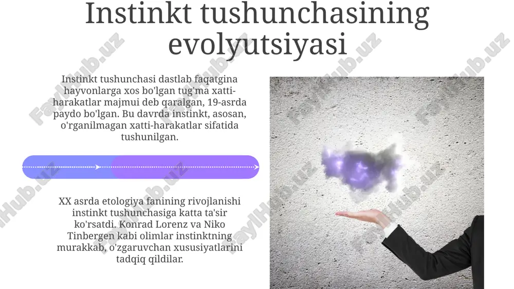 katlariga genetik ta'sirini aniqlash uchun genomika va epigenetika sohalarida chuqurlashib, 1000dan ortiq gen variantlarini o'rganadi. sun'iy intellekt (si) va mashinaviy o'rganish modellaridan foydalanib, instinktiv xatti-harakatlarni simulyatsiya qilish, algoritmlarni takomillashtirishga va 75% aniqlikka erishishga yordam beradi. xulosa xulosa evolyutsion psixologiyadagi asosiy topilmalarni 20-asrning o'rtalarida lorenz va tinbergen tomonidan taklif qilingan instinktning dastlabki ta'riflari bilan solishtirishi kerak. xulosada zamonaviy instinkt tushunchalari gen-madaniyat birgalikda evolyutsiyasi, ya'ni genlar va madaniyatning birgalikdagi ta'siri orqali shakllanishi kabi 3 omilni ta'kidlashi mumkin. e'tiboringiz uchun rahmat image5.jpg image6.jpg image7.jpg image8.jpg image9.jpg image10.jpg image11.jpg image12.jpg image13.jpg image14.jpg image15.jpg image16.jpg image17.jpg image18.jpg image19.jpg image20.jpg image21.jpg image1.jpeg image2.jpeg image3.jpeg