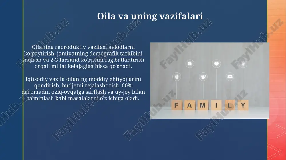 unchilik oila huquqi oʻzbekiston respublikasi konstitutsiyasining 63-moddasida oila jamiyatning asosiy boʻgʻini sifatida himoyalanishini belgilaydi. oila kodeksi nikoh tuzish, bekor qilish tartibini, ota-onalik huquqlari va bolalar manfaatlarini himoya qilish boʻyicha qoidalarni tartibga soladi. xulosa oiladagi tarbiya usullari va vositalaridan oqilona foydalanish, bolaning shaxsiyatini shakllantirishda ijobiy natijalarga erishishning muhim omili bo'lib, 70% muvaffaqiyatni ta'minlaydi. oilaning asosiy vazifalarini to'g'ri tushunish, bolalarning har tomonlama rivojlanishiga yo'naltirilgan tarbiya usullarini qo'llash imkonini beradi, bu esa 90% gacha samaradorlikni oshiradi. e'tiboringiz uchun rahmat image5.jpg image6.jpg image7.jpg image8.jpg image9.jpg image10.jpg image11.jpg image12.jpg image13.jpg image14.jpg image15.jpg image16.jpg image17.jpg image18.jpg image19.jpg image20.jpg image21.jpg image1.png image2.png