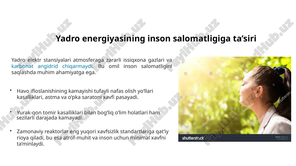 . u iqlim o‘zgarishiga qarshi kurashda karbonat angidridsiz energiya manbai sifatida ajralib turadi. iqtisodiy barqarorlikni ta'minlaydi va yangi ish o‘rinlari yaratadi. innovatsion texnologiyalar (smr, fusion) kelajakdagi xavfsizlik va energiya mustaqilligini kafolatlaydi. barqaror rivojlanish va inson hayotini himoya qilish uchun yadro energiyasiga ishonch va sarmoyani oshirish zarur. 11 foydalanilgan adabiyotlar: karimov, i. a. (2012). yuksak ma’naviyat – yengilmas kuch. toshkent: ma’naviyat nashriyoti. qosimov, b. & xodjayev, m. (2019). yadro energiyasi va uning xavfsiz ishlatilishi. toshkent: fan va texnologiya nashriyoti. world nuclear association. (2024). the role of nuclear energy in achieving net zero. https://www.world-nuclear.org international atomic energy agency (iaea). (2023). nuclear energy for a net zero world. vienna: iaea publications. jalilov, a. (2021). energetika tizimlarida atom energiyasining o‘rni va istiqbollari. toshkent: o‘zbekiston milliy universiteti nashriyoti. u.s. department of energy. (2024). benefits of nuclear energy. https://www.energy.gov o‘zbekiston respublikasi vazirlar mahkamasi huzuridagi atom energiyasi agentligi. (2022). yadro energetikasini rivojlantirish konsepsiyasi. toshkent. image1.png image2.jpeg image7.png …