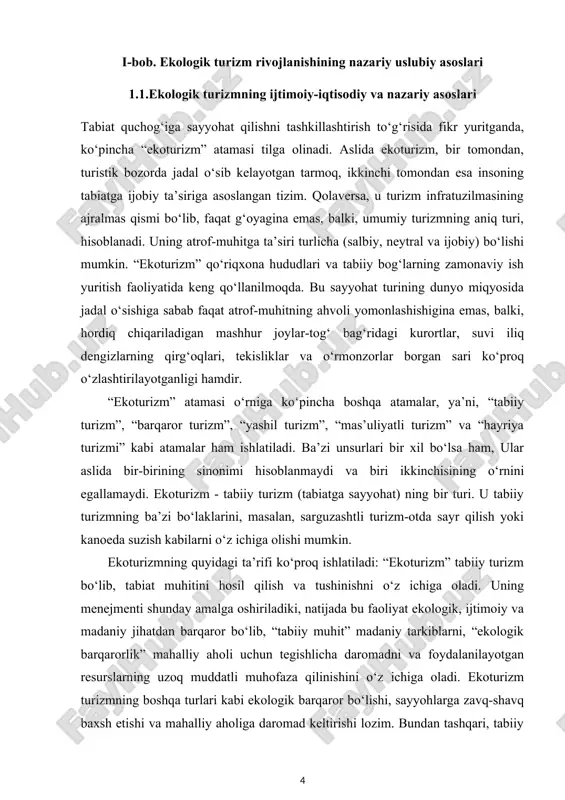 cha boshqa atamalar, ya’ni, “tabiiy turizm”, “barqaror turizm”, “yashil turizm”, “mas’uliyatli turizm” va “hayriya turizmi” kabi atamalar ham ishlatiladi. ba’zi unsurlari bir xil bo‘lsa ham, ular aslida bir-birining sinonimi hisoblanmaydi va biri ikkinchisining o‘rnini egallamaydi. ekoturizm - tabiiy turizm (tabiatga sayyohat) ning bir turi. u tabiiy turizmning ba’zi bo‘laklarini, masalan, sarguzashtli turizm-otda sayr qilish yoki kanoeda suzish kabilarni o‘z ichiga olishi mumkin. ekoturizmning quyidagi ta’rifi ko‘proq ishlatiladi: “ekoturizm” tabiiy turizm bo‘lib, tabiat muhitini hosil qilish va tushinishni o‘z ichiga oladi. uning menejmenti shunday amalga oshiriladiki, natijada bu faoliyat ekologik, ijtimoiy va madaniy jihatdan barqaror bo‘lib, “tabiiy muhit” madaniy tarkiblarni, “ekologik barqarorlik” mahalliy aholi uchun tegishlicha daromadni va foydalanilayotgan resurslarning uzoq muddatli muhofaza qilinishini o‘z ichiga oladi. ekoturizm turizmning boshqa turlari kabi ekologik barqaror bo‘lishi, sayyohlarga zavq-shavq baxsh etishi va mahalliy aholiga daromad keltirishi lozim. bundan tashqari, tabiiy va madaniy muhitga “mos tushishi” kerak. “mos tushishi” degan so‘zlarning ma’nosi shuki, bu …