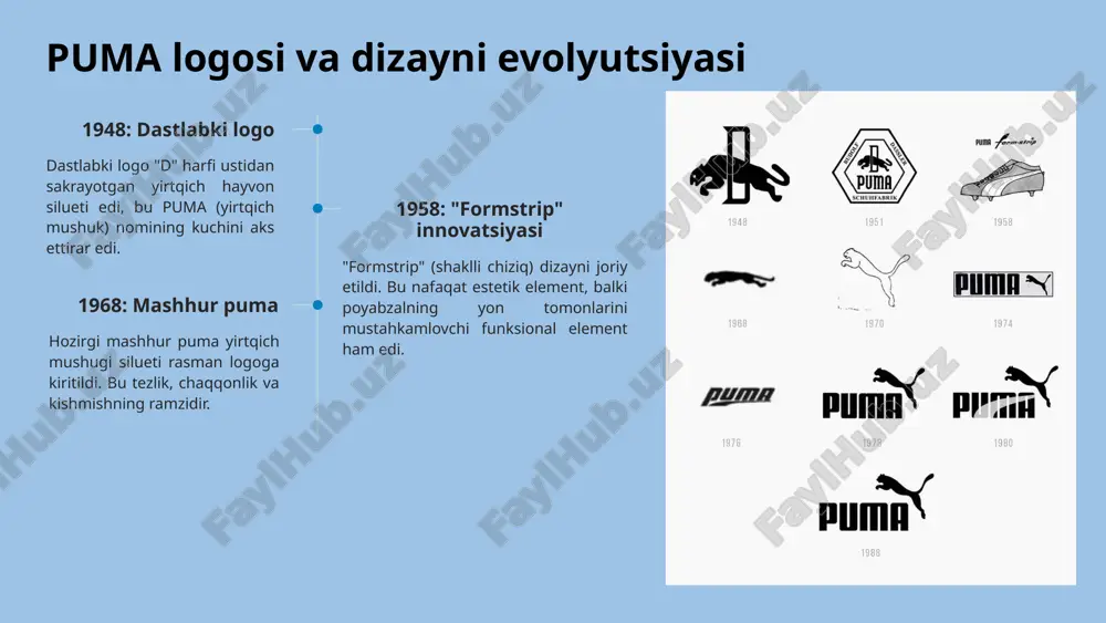 yirik sport kiyimlari ishlab chiqaruvchisi sifatida tan olingan. tezlikka intilish brendning asosiy qadriyatlari – tezlik, kuch va "forever faster" falsafasi barcha mahsulotlarida namoyon bo‘ladi. kelajak ilhomi puma jahon sportchilariga va yoshlariga ilhom bag‘ishlashda, ularni o‘z imkoniyatlarini maksimal darajada oshirishga undashda davom etadi. 11 foydalanilgan adabiyotlar marketing asoslari (ergashxodjaeva sh.dj., qosimova m.s., yusupov m.a.) — bu darslik marketingning asosiy tushunchalari, brend va tovar pozitsiyalash kabi masalalarni yoritadi. brendni boshqarish (tairova m.m., abdulloev a.j. va boshq.) — o‘quv qo‘llanma bo‘lib, brend tushunchasi, uning qadriyatlari, brend kapitali kabi mavzularni o‘z ichiga oladi. milliy brendni shakllantirish (x. kodirova) — bu maqolada milliy brendni shakllantirish va brending strategiyalari tahlil qilingan. savdo‑sotiq tizimida neyming muammosi (a. mahmudjonova) — “neyming” ya’ni nomlash, brend nomi yaratish kabi til hamda marketing jihatdan muhim mavzularni ko‘rib chiqadi. milliy brendig da tarixiy o‘zbek so‘zlarining… — bu maqolada milliy brending jarayonida o‘zbek tilidagi so‘zlar, madaniyat, brend tushunchasi o‘rganilgan. biznes marketing lari, brendlar …