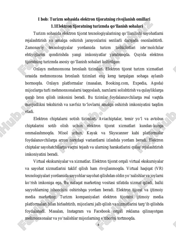 shlari mumkin. masalan, mehmonxona, aviachiptalar va avtomobil ijarasini bir platforma orqali birlashtirish orqali sayyohlar individual ehtiyojlariga mos paketlarni yaratadilar. bunday xizmatlar mijozlarga moslashuvchanlikni oshiradi va xarajatlarni tejash imkonini beradi. to’lov tizimlari va global tranzaksiyalar. turizmda elektron tijoratning muhim jihatlaridan biri turli to’lov tizimlarini qo’llashdir. sayyohlar o’z valyutalarida to’lovlarni amalga oshirishi uchun elektron tijorat platformalari turli xil to’lov variantlarini, jumladan, bank kartalari, paypal, apple pay va cryptocurrency (kriptovalyuta) kabi xizmatlarni qo’llab-quvvatlaydi. bu global mijozlarni jalb qilish va ularning qulayligini ta’minlashda muhim ahamiyatga ega. raqamli turizm xizmatlari (e-tourism services). elektron tijorat raqamli turizm xizmatlarini rivojlantirishga imkon yaratmoqda. ushbu xizmatlar sayyohlarning talablariga moslashtirilgan maslahatlar, marshrutlar va tavsiyalarni taklif etadi. masalan, sun’iy intellekt texnologiyalaridan foydalanadigan platformalar foydalanuvchilarning sayohat odatlariga asoslangan maxsus xizmatlar tavsiya qilishi mumkin. 6 ekoturizm va elektron tijorat integratsiyasi. hozirgi kunda ekologik barqarorlikga bo’lgan talab ortib bormoqda. ekoturizmni rivojlantirishda elektron tijoratning roli katta. maxsus platformalar orqali ekologik xavfsiz marshrutlar va yashil mehmonxonalar …