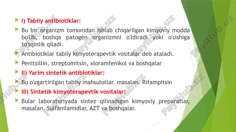 olingan yarim sintetik birikma. harakat tartibi: rifampitsin bakterial rnk polimerazasini ingibirlashi orqali bakterial rnk sintezini ingibirlaydi. klinik foydalanish: rifampitsin mycobacterium infektsiyalarini, shu jumladan sil va hansen kasalligini davolash uchun ishlatiladi. bundan tashqari, listeria turlari, neisseria gonorrhoeae, haemophilus influenzae va neisseria meningitidis infektsiyasini davolash uchun ishlatiladi. rifampitsin metitsillinga chidamli staphylococcus aureus (mrsa), shu jumladan osteomielitni davolashda qo'llaniladi. rifampitsin vaccinia virusiga qarshi ma'lum samaraga ega. xloramfenikol-bakteriostatik keng spektrli antibiotik bo'lib, ko'plab gramm-musbat va gramm-manfiy bakteriyalarga qarshi samarali. xloramfenikol dastlab streptomyces venesuelae bakteriyasidan olingan. harakat rejimi - oqsil sintezini ingibirlashi orqali bakteriyalar o'sishini to'xtatadi. xloramfenikol bakterial ribosomaning peptidil transferaza faolligini ingibirlashi orqali peptid bog'lanishini va shuning uchun oqsil zanjiri uzayishini oldini oladi. klinik foydalanish - tifni davolashda ishlatiladigan xloramfenikol. xloramfenikol vaboni davolashda ikkinchi darajali vosita sifatida ishlatilishi mumkin. bu stafilokokk miya xo'ppozlari uchun birinchi tanlovdir. xloramfenikol meningitning uchta asosiy bakterial sababiga qarshi faoldir: neisseria meningitidis, streptococcus pneumoniae va haemophilus influenzae. streptomitsin - streptomyces …