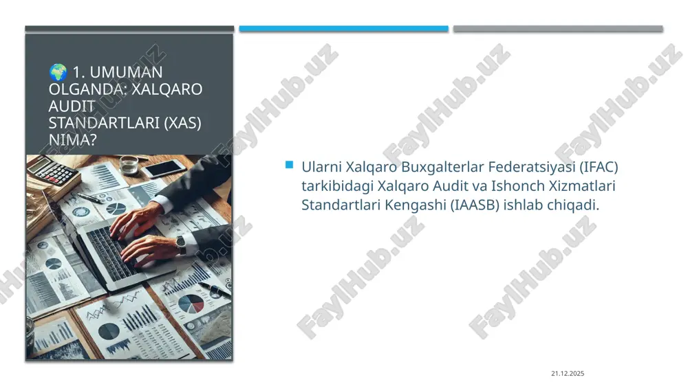 glossariysi u audit va turdosh xizmatlarga oid eng muhim atamalarni ta’riflaydi, masalan, “audit”, “turdosh xizmatlar”, “mustaqillik”, “ob’ektivlik”, “dalillar”, “muvofiqlik” va shu kabilar. 2. audit va turdosh xizmatlar doirasi 100-son axs esa audit bilan bog‘liq xizmatlar (masalan, hisobotni tekshirish, tahliliy ko‘rib chiqish) va turdosh xizmatlar (kengaytirilgan muvofiqlik tekshiruvi, konsultatsiya va boshqalar) ni qamrab oladi. 3. standartlar tizimi bilan bog‘liqlik 100-son axs keyingi standartlarning (200, 210, 220 …) “kirish” qismi sifatida ishlaydi. ya’ni, boshqa standardlar ushbu umumiy tamoyillar va atamalarga asoslanadi. 4. konseptual asosga kirish u audit standartlarining umumiy konsepsiyasi, auditorning roli va auditorlik amaliyotining xususiyatlari haqida tushunchalar beradi. 07.11.2025 🏛 o‘zbekistonda 100-son axs ning o‘rni o‘zbekiston auditorlik faoliyati bo‘yicha normativ hujjatlar 2021 yilda qabul qilingan “auditorlik faoliyati to‘g‘risida” qonun (o‘rq-677-son) da, auditorlik faoliyatidagi standartlar sifatida auditning xalqaro standartlari, turdosh xizmatlarning xalqaro standartlari va sifat nazoratining xalqaro standartlari qo‘llanilishi belgilangan. qonunga asosan, audit faoliyati o‘zbekiston respublikasi qonunchiligiga zid bo‘lmagan, xalqaro buxgalterlar federatsiyasi …
