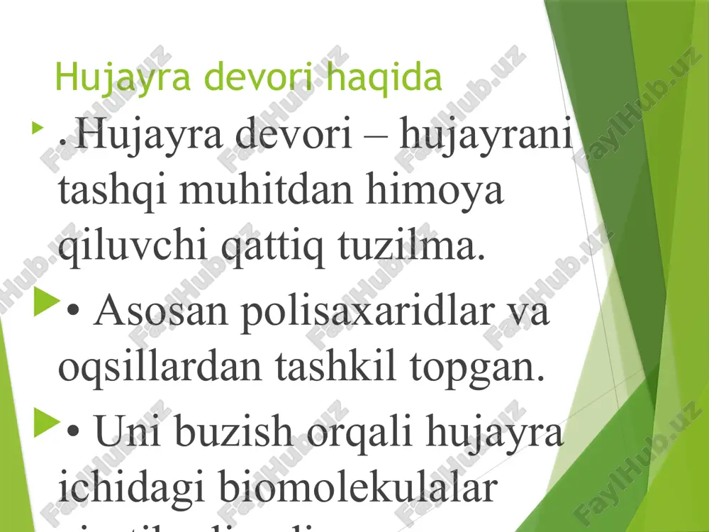 llari hosil bo‘lganda ular hujayra devorini mexanik tarzda yirtadi. eritilganda hujayra strukturalari yemiriladi. 🧊➡️💧 natija: hujayra ichidagi ferment, oqsil yoki boshqa moddalar tashqariga chiqadi. xulosa • har bir usul maqsadga qarab tanlanadi. • mexanik, biomilt va ultratovush usullari laboratoriyada keng qo‘llaniladi. • hujayra devorini buzish – biologik tadqiqotlarning muhim bosqichi. e’tiboringgiz uchun tashakkur image1.png /docprops/thumbnail.jpeg