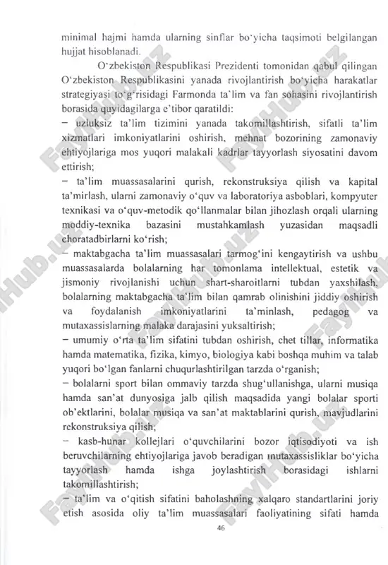 ayyorlash siyosatini davom ettirish; - ta’lim muassasalarini qurish, rekonstruksiya qilish va kapital ta’mirlash, ularni zamonaviy o‘quv va laboratoriya asboblari, kompyuter texnikasi va o‘quv-metodik qo‘llanmalar bilan jihozlash orqali ularning moddiy-texnika bazasini mustahkamlash yuzasidan maqsadli choratadbirlarni ko‘rish; - maktabgacha ta’lim muassasalari tarm og‘ini kengaytirish va ushbu muassasalarda bolalarning har tomonlama intellektual, estetik va jismoniy rivojlanishi uchun shart-sharoitlarni tubdan yaxshilash, bolalarning maktabgacha ta’lim bilan qamrab olinishini jiddiy oshirish va foydalanish imkoniyatlarini ta’minlash, pedagog va mutaxassislarning malaka darajasini yuksaltirish; - umumiy o‘rta ta’lim sifatini tubdan oshirish, chet tillar, informatika hamda matematika, fizika, kimyo, biologiya kabi boshqa muhim va talab yuqori bo‘lgan fanlarni chuqurlashtirilgan tarzda o'rganish; - bolalarni sport bilan ommaviy tarzda shug‘ullanishga, ularni musiqa hamda san’at dunyosiga jalb qilish maqsadida yangi bolalar sporti ob’ektlarini, bolalar musiqa va san’at maktablarini qurish, mavjudlarini rekonstruksiya qilish; - kasb-hunar kollejlari o ‘quvchilarini bozor iqtisodiyoti va ish beruvchilarning ehtiyojlariga javob beradigan mutaxassisliklar bo‘yicha tayyorlash hamda ishga joylashtirish borasidagi ishlarni …