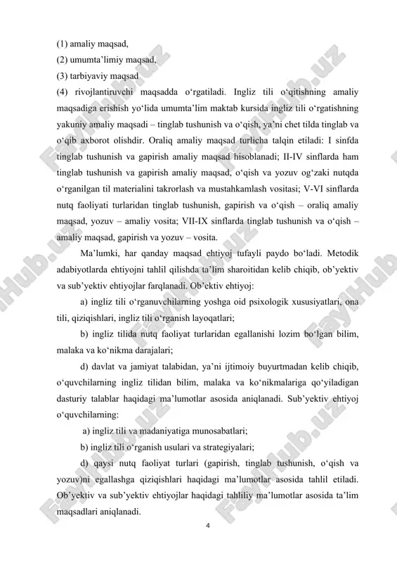 erishiladi. kompetensiya (layoqat, fazilat), ma’lumki, bilim, ko‘nikma, malaka va shaxsiy belgilar majmuidan iborat. kompetensiya tarkibiga kichik konsepsiyalar kiradi. lingvistik kompetensiyada lisoniy hodisalarning nutqda qo‘llanilishi nazarga olinadi. sotsiolingvistik kompetetsiyada muloqot vaziyati, maqsadi va muloqotdoshlar vazifasiga mos tarzda fikr bildira olish ko‘zda tutiladi. pragmatik konsepsiya kommunikativ vaziyatda o‘zini tuta bilish (masalan, takroran so‘rash, nutqiy va lisoniy murakkablik tug‘ilganda undan chiqa olish) layoqatiga taalluqlidir. pragmatik kompetensiya tarkibidagi diskursiv kompetensiya og‘zaki va yozma nutqdagi izchillikni ta’minlashga xizmat qiladi. amaliy maqsadning ro‘yobga chiqishida hosil qilingan barcha kompetensiyalarning uzviy yaxlitligi (sintezi) ta’minlanadi. amaliy maqsadning ro‘yobga chiqishida o‘quvchi ta’lim oladi, tarbiyalanadi va uning shaxsi rivojlanadi. ingliz tili o‘qitish umumta’limiy maqsadining ro‘yobga chiqishida o‘rganilayotgan til vositasi orqali foydali hayotiy axborot va til haqidagi yangi sodda ma’lumotlarni o‘zlashtirish ko‘zda tutiladi. o‘quvchining umumiy saviyasini ko‘tarish, o‘rganilayotgan til va madaniyat haqida yangi ma’lumotga ega bo‘lish, muloqot madaniyatini yuksaltirish, aqliy mehnat usullarini qo‘llash, fikrlash fazilatlarini rivojlantirish kabilarga erishiladi. ushbu maqsadni amalga oshirishda …