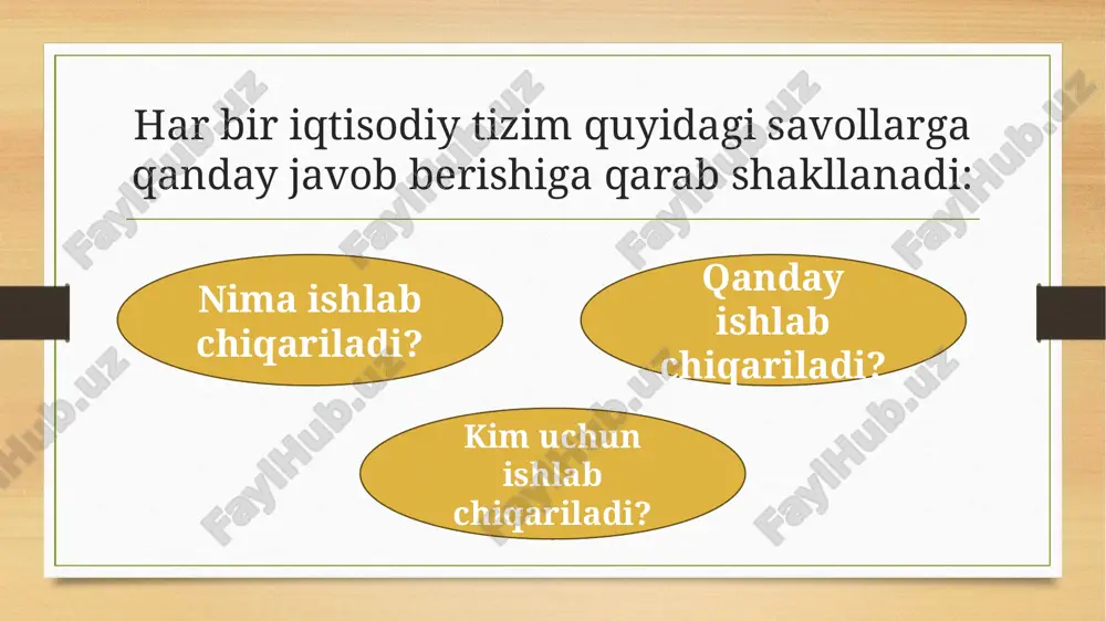 uchun) tasavvur qiling, iste’molchi olma (x) va nok (y) tanlaydi. olma narxi tushsa: budjet chizig‘i aylanish orqali o‘zgaradi. yangi muvozanat nuqtasi (optimal tanlov) boshqa joyga ko‘chadi. bu harakat ikki bosqichda ko‘riladi: almashtirish samarasi – arzonlashgan mahsulot foydasiga harakat. daromad samarasi – narx tushganda, real daromad oshgani uchun iste’mol ortadi. 🟢 shuni ajratib ko‘rsatish uchun hiks usuli (hicksian substitution) va slutsky usuli (slutsky substitution) kabi metodlar ishlatiladi. mana bu grafikda almashtirish samarasi aniq ko‘rsatilgan: a nuqta — boshlang‘ich muvozanat (olma narxi 3 bo‘lgan holat). c nuqta — yakuniy muvozanat (olma narxi 2 ga tushgan holat). b nuqta — faqat narxlar o‘zgarib, real daromad o‘zgarmagan holatda yangi tanlov (ya’ni almashtirish samarasi). shu bilan, a → b harakati – bu almashtirish samarasi, b → c harakati esa – daromad samarasini ifodalaydi. e’tiboringiz uchun rahmat image5.png image6.png image7.png image8.jpg image9.jpg image10.png image3.png image4.png /docprops/thumbnail.jpeg