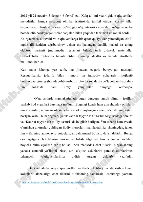 yrim qiyinchiliklarga duch keladilar. internet esa o’qituvchiga mavjud bozordan zarur bo’lganlarni tezkorlik bilan topish, ularni tahlil qilish, o’z shaxsiy nuqtai nazaridan kelib chiqishi va muhim xulosalar chiqarishga imkon beradi. biroq barcha qulayliklardan qat’iy nazar bu masalada ham ayrim kamchiliklar mavjud.[footnoteref:2] eng ko’zga tashlanadigan kamchilik materiallar tuzilmasining yetarli darajada ishlab chiqilmaganligidir. zamonaviy o’qituvchi axborotlar oqimidan o’z uo’nalishini aniq belgilab olishi lozim. so’nggi yillarda axborot texnologiyalaridan yangi texnik vosita, o’qitishning yangi shakl va metodlaridan foydalanish, o’qitish jarayoniga yangicha yondashuv talab etilmoqda. ma’lumki, chet tilini o’qitishdan asosiy maqsad o’quvchilarda chet tilini amaliy tarzda o’zlashtirish va ularda kommunikativ madaniyatni shakllantirish hamda rivojlantirishdan iborat.[footnoteref:3] bunda o’qituvchining vazifasi o’quvchilarda chet tilini o’rganish jarayonida tilni puxta egallashlari va ularning ijodiy tafakkur faoliyatini faollashtirishdan iborat. zamonaviy o’qitish tizimi hamkorlikda o’qitish va axborot texnologiyalari, internet tizimidan foydalanib, loyiha metodikasini qo’llashni talab etadi. bu metodika o’quvchilarda shaxsning o’zligini namoyon etish, o’qitishga yo’nalganlik bilan yondashish, har bir shaxs xususiyatlarini, o’qishda egallaydigan …