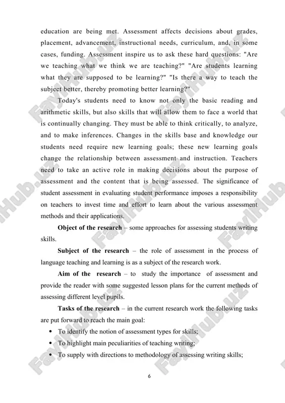 s of the introductory part stating the objectives and aims of the investigation. chapter i discusses assessment as a main part of teaching. the second chapter presents the data about the importance of assessment in the process of teaching and learning. after two chapters, there are provided conclusion and references of the work. chapter i. assessment as a main process of teaching writing 1.1.different assessment strategies assessment is an integral part of the teaching process. it allows us to explore any improvements in learning outcomes that need to be addressed. this knowledge of student achievement can then be feedback into our teaching practice and inform us of how to move our students forward. without detailed checks for understanding, our instructional practice remains blind. classroom teachers should always be seeking out an accurate picture of the current understanding of the learners. whether the educator is using whole-class questioning or examining progress …
