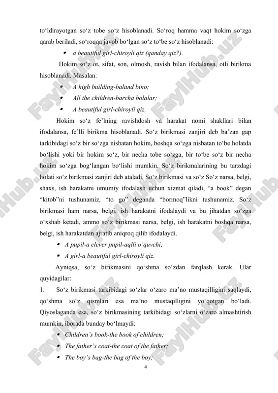 lanadi. d. bosh va ergash so‘zlarning bog‘lanish usuli aniqlanadi. c. so‘z birikmasining bosh so‘z turkumi bo‘yicha turi aniqlanadi. v. so‘z birikmasining tuzilish turi aniqlanadi. gap bitta so‘zdan ham iborat bo‘lishi mumkin va u kesimlik qo‘shimchalari bilan shakllangan bo‘ladi, so‘z birikmasi esa har doim eng kamida ikkita mustaqil so‘zdan iborat bo‘ladi: · the spring. all the students are happy. ergash so‘z bosh so‘zga qo‘yidagi usullar yordamida birikadi. 1. moslashuv. bu bosh so‘z bilan ergash so‘zning shaxs-sonda mosligidir. bunda bosh va ergash so‘z qaratqich kelishigi hamda egalik qo‘shimchasi yordamida birikadi: qaratqich kelishigi qo‘shimchasi ergash so‘zga, egalik qo‘shimchasi bosh so‘zga (ba’zan ikkalasiga ham) qo‘shiladi. masalan: · my brother’s book-ukaning kitobi, · my father’s car-otamning mashinasi, · my sister’s dress-singlimning ko‘ylagi; ega va kesim ham moslashuv usuli yordamida bog‘lanadi. moslashuvda ba’zan qaratqich kelishigiga yoki egalik qo‘shimchasi tushurilishi mumkin. our school-bizning maktab. bitishuv: ergash so‘zning bosh bilan grammatik vositasiz faqat ma’no jihatdan yo so‘z tarkibi …