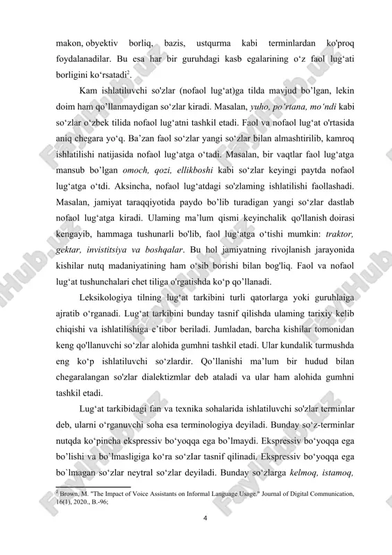 tizmlar); 3) adabiy-kitobiy leksika; 4) umumadabiy til leksikasi (og'zaki va yozma nutqda ishlatiluvchi so‘zlar). albatta, bu guruhlarga oid so‘zlaming ishlatilishi aniq chegaraga ega emas. umumso‘zlashuv nutqiga xos so‘zlar barcha stillarda ishlatiladi. odatda, adabiy tillarda quyidagi stillar farqlanadi: 1) badiiy stil; 2) publitsistik stil; 3) ilmiy stil; 4) rasmiy ish qog‘ozlari stili; 5) so‘zlashuv stili. so‘zlar ham bu stillarda ishlatilishiga ko‘ra tasnif qilinadi. neytral so‘zlar barcha stillarda qo‘llanaveradi. terminlar esa fan va texnikaga oid ilmiy asarlarda ishiaiiladi. terminlar badiiy uslubda ham ba'zan uslub talabiga ko‘ra qo’llaniladi. dialektizmlar ilmiy va rasmiy nutqda, badiiy (muallif nutqida) va publitsistik asarlarda qo'llanmaydi. so‘zlashuv uslubida, badiiy asar qahramonlari nutqini aynan berishda dialektizmlardan foydalaniladi. umumso‘zlashuv stilida ishlatiluvchi so'zlar barcha kishilar nutqida qo’llanuvchi odatiy so‘zlardir: daraxt, tog‘, o‘rmon, suv, kiyim, ovqat kabilar. umumso‘zlashuv stilida ishlatiluvchi so‘zlar ba’zan poeziyada ham qo`llanadi. ingliz tilining lug'ati tarixiy, madaniy va lingvistik omillarning murakkab o'zaro ta'siri natijasida shakllangan. ingliz tilining eng qadimgi ildizlari …