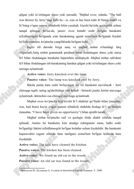 di, masalan, `biz ba'zi xatolar qildik` emas, balki `xatolar qilindi` deganda. ba'zan, `elm street` misolimizda bo'lgani kabi, mas'uliyat yuki bo'lib ko'rinadigan narsani uni bajaruvchiga emas, balki harakatni qabul qilgan shaxsga (ya'ni, jabrlanuvchiga) yuklash tanqid qilinadi. texnik jihatdan aniq nisbat deb hisoblangan boshqa holatlar ham bor, lekin shunga qaramay, ijrochini bajarilayotgan harakatdan ajratadigan tildan foydalanadi. `the lamp fell over` - bu aniq nisbat, lekin u majhul nisbatga o'xshaydi, chunki `jerry knocked over the lamp` gapidagi jerri kabi aniq qo'zg'atuvchi yo'q. bu yangiliklar yozishda ham sodir bo'ladi. “a rock shattered the store’s window”” kabi jumla aniq nisbat bilan ifodalanadi — mavzu tosh, fe’l sindirilgan va ob’ekt oynadir, ammo uni masxara qilish mumkin, chunki u agent kim bo‘lgan degan savoldan qochadi, oynani sindirgan toshni kim harakatga keltirdi. fe'lning vazifa shakllari.fe'llar gapda boshqa so'zlar bilan bog'lanib, kesim, ega , to'ldiruvchi, hol, aniqlovchi vazifasida kelishi mumkin. buning uchun fe'l maxsus shakllarga ega boʻladi. turli gap …