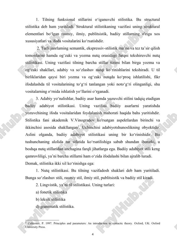 bog‘lanadi. ularning umumiyligida bu vositalar evfoniya yoki eufoniya ta'limotida ko'rib chiqiladi. nutq stilistikasi. bu tushuncha adabiyotlarda funksional stilistika yoki funksional stil turlari deb ham yuritiladi. nutq stillari bir-biriga bog‘liq vositalarining tuzilishidan tashkil topadi. ular tilning vazifasi bilan chambarchas bog‘liqdir. shuning uchun ham ular nutq stillari deyiladi. tilning vazifasi jamiyat taraqqiyoti bilan bog‘liq va uning ijtimoiy moliiyatidan kelib chiqadi. nutq stili tizimini tashkil etuvchi ifodalar faqat bir stil doirasida cheklanib qoladi. masalan, ilmiy stilda ishlaliladigan terminlar badiiy, publitsistik, rasmiy va so‘zlashuv stillarida ishlatilmasligi ham mumkin. lekin har bir nutq stili o‘zining barcha xususiyatlari bilan yagona bir maqsadga bo‘ysungan muayyan til vositalarining majmuasiga ega. nutq stillari til taraqqiyotining ma'lum bir davrida asta-sekin shakllanadi va o‘zgarishlarga uchraydi. masalan, xx asr boshida nashriyot va vaqtli matbuot ishlarining kengayib ketishi bilan bog‘liq tarzda o‘zbckistonda publitsistik stil vujudga kelgan. nutq stillari og‘zaki va yozma nutq shakllari bilan chambarchas bog‘liq. demak, har bir nutq stili og‘zaki va …