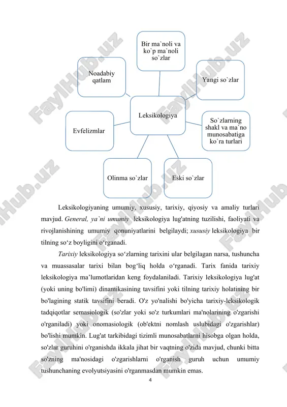 i. bir qator umumiy leksikologik masalalar (so'z va kontekst, so'z birikmasi, sinonimiya - so'z tanlash, lug'at va madaniyat). shu bilan birga, ularning har biri leksikologiyaning qoida va xulosalaridan foydalanadi, ammo leksikologik kategoriyalar ularda o'ziga xos refraksiyani oladi; masalan, leksikografiyada so‘z, frazeologiyaning ma’nolarini ajratib ko‘rsatish masalalari lug‘at turiga qarab turlicha yechiladi. leksikologiya umumiy lingvistik tadqiqot usullaridan foydalanadi. eng ko'p qo'llaniladigan usullarga quyidagilar kiradi: · distributiv (so'zning chegaralarini, morfologik tuzilishini aniqlash, ma'nolarni chegaralash boshqalar); · almashtirish (sinonimiya, so'z ma'nolarini o'rganish), komponent-qarshilik (leksik ma'noning tuzilishini aniqlash). · birliklar, bir butun sifatida so'zning semantik tuzilishi, semantik maydonlarni tahlil qilish, leksik birliklarning qiymatlarini o'zgartirish, kontekstda birlik ma'nosini yangilash); · transformatsion (so'zning semantik yukini aniqlashda so'z yaratishda) kontekstda sintaktik tuzilmalarni qisqartirish yoki kengaytirish orqali, leksik birlikning ma'nosini aniqlash jarayonida qo`llaniladi. leksikologik maʼlumotlardan koʻplab oʻzaro bogʻliq fanlarda qoʻllaniladi: psixolingvistika (soʻz assotsiatsiyasini oʻrganish va hokazo), neyrolingvistika (afaziya turlari), sotsiolingvistika (jamoaning lingvistik xatti-harakatini oʻrganish) va boshqalar. 2.tilshunoslida so`z yasalishining …