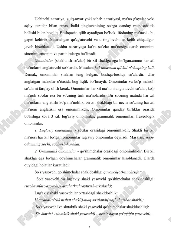 sh uchun xizmat qiladi va gapdagi takrorlarga yo'l qo'ymaydi. sinonimlar adabiy tilni boyitish manbalari bo'lib, o'z imkoniyatlarimizdan tashqari, boshqa tillardan so'zlarni o'zlashtirish orqali ham sinonimik qatori kengayib boradi: shamol, yel. nasim kabi. sinonimik qatorda bitta so'z dominanta boʻlib.barcha uslublarda qoʻllanila oladi: odat, rasm, urf. demak, uslubiy betaraf yoki dominanta so'z barcha uslublarda qoʻllanila oladi. badiiy uslubda ma'lum bir fikrning, tushunchaning mazmunini kuchaytirish va ta'kidlash uchun sinonimlar katta ahamiyatga egadir. antonimlar ma'nolari o'zaro zid, qarama-qarshi bo'lgan so'zlardir. antonim munosabatdagi so'zlar antonimik juftlik deyiladi. antonimlar ham faqat bir so'z turkumi doirasida boʻladi: -sifatlarda katta-kichik, yaxshi yomon, uzun-qisqa; - otlarda yoz qish, g'arb-sharq.tong-shom, boylik-kambag'allik; - fe'llarda bormoq-kelmoq, uxlamoq-uyg'onmoq kengaymoq-toraymoq. -ravishlarda ko'p-oz, tez-sekin kecha-bugun, arang-bemalol. antonimlarning quyidagi turlari mavjud: - leksik(lug'aviy antonimlar) - so'zlarning bir-biriga zid ma'no anglatishi asosida birlashishi ya'ni zid ma'noli so'zlardir: tun-kun, bormoq-kelmoq, hot – cold, happy – sad, big – small, light – dark, loud – quiet. frazeologik antonimlar - …