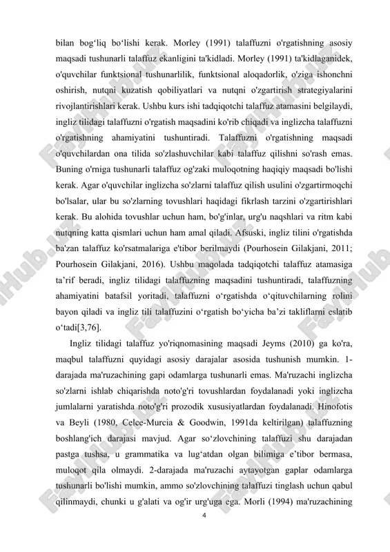 n juda farq qiladigan urg'u chalkash bo'lishi mumkinligini aytdi; shuning uchun o'quvchilarning urg'ulari standart xilma-xillikka yaqinlashishi tavsiya etiladi. agar ma'ruzachi og'ir ingliz urg'usiga ega bo'lsa, bu uning shaxsiyati va malakasi haqida salbiy fikrlarga olib kelishi mumkin. agar o'quvchilar ingliz tilida so'zlashuvchilar kabi talaffuz qilmasliklari va shu bilan birga ma'lum standartga yaqin urg'uga ega bo'lishlari kerak bo'lsa, o'qituvchi o'z talabalari bilan qanday ingliz tili modellaridan foydalanishi mumkin? ingliz tilini talaffuz qilishni o'rgatish va o'rganish. biror kishi o'z televizorini yoqib, cnn international, bbc yoki sky news kabi kanallarni topishi mumkin. ushbu kanallar germaniya, frantsiya va boshqa ingliz tilida so'zlashmaydigan mamlakatlardan kelgan turli xil odamlarni eshitishga yordam beradi. ushbu kanallarning barchasi maqbul talaffuzga ega va bu odamlarning tushunish jarayonini osonlashtiradi. yates va zielinski (2009) ga ko'ra, ingliz tilini o'rganishda talaffuz asosiy rol o'ynaydigan ingliz talaffuziga katta e'tibor qaratiladi. agar o'qituvchilar ingliz tilini o'rganuvchilarga tushunarli talaffuz qilishning umumiy qoidalari va tamoyillarini taqdim qilmasalar, hech …