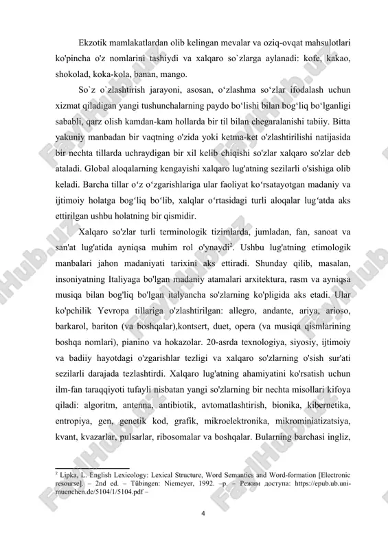 t. kiyim-kechaklarga oid lug'atda juda ko'p inglizcha so'zlarni uchratish mumkin: jersey, pullover, switer, neylon, tweed, va hokazo. kino va ko'ngilocharning turli shakllari ham ingliz tilidan kelib chiqqan ko'plab xalqaro so'zlarning manbai hisoblanadi: film, club , kokteyl, jazz. o‘zlashma so‘zlarning qisqacha tavsifini umumlashtirsak, shuni ta’kidlash kerakki, tilshunos o‘zlashma so‘zlarni o‘rganishda so‘zning manbasini, kirib kelgan sanasini, qaysi semantik sohaga mansubligini va o‘zlashtirish jarayonining sharoitlarini aniqlash bilan kifoyalana olmaydi. . bularning barchasi juda muhim, ammo so'zning o'ziga kirib boradigan yangi til tizimining o'zgarishlariga ham e'tibor qaratish kerak, boshqa tomondan, ingliz lug'atida yangi kelgan so'zning o'zgarishlarini izlash kerak. , yangi tilga kirishda u oʻzining baʼzi leksik ma`nolarini chetga surib qoʻygan. yuqoridagi munozarada biz qabul qiluvchi tilga xos qoliplarga va uning semantik ehtiyojlariga muvofiqlik muammosining ahamiyatini ko'rsatishga harakat qildik. 2.chet tillaridan ingliz tiliga o’zlashgan so’zlarning klassifikatsiyasi soʼz deganda, yaʼni soʼz va uning xususiyati haqida gap borganda odatda mustaqil soʼzlar (narsa, belgi, harakat bildiradigan soʼzlar) nazar-eʼtiborda …