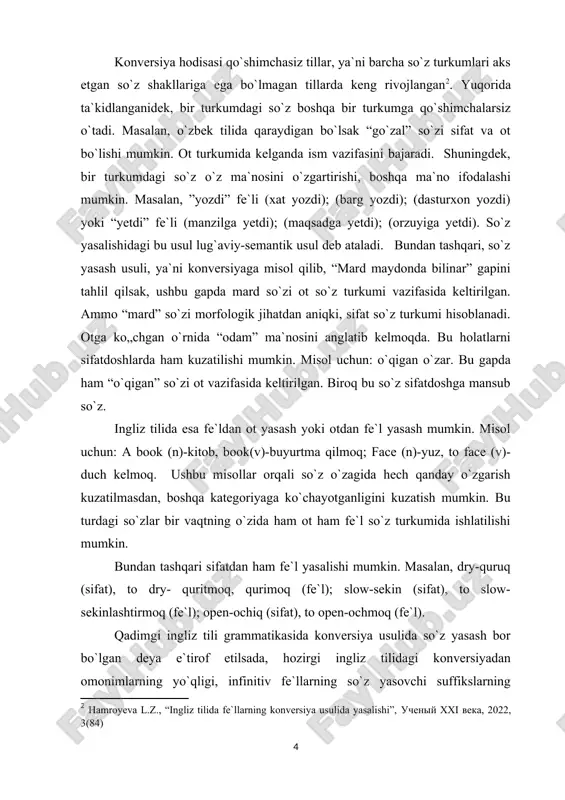ning ko`pchiligi ko`p ma`noli bo`lib ketadi. konversiya usuli yordamida hosil bo`lgan yangi so`zlar konversiyaning ko`p marta takrorlanishiga bog`liq. ya`ni o`zak so`z qancha ma`noga ega bo`lsa, konversiyaga shuncha ko`p to`g`ri keladi. ushbu fikrga xulosa o`rnida shuni aytish mumkinki, konversiya usuli bilan faqat yangi so`zlarni hosil qilish bilan chegaralanib qolmasdan, yangi-yangi ma`noli so`zlar ham hosil qilish mumkinligini aytish joiz. konversiya zamonaviy ingliz tilida fe'llarni shakllantirishning asosiy usuli hisoblanadi. fe'llar turli semantik guruhlarning otlaridan yasalishi mumkin va shuning uchun turli xil ma'nolarga ega bo'lishi mumkin, masalan: a) fe'llar inson tanasining qismlarini bildiruvchi otlardan yasalsa, vositali ma'noga ega bo'ladi, masalan. to eye, to finger, to elbow, to shoulder. agar asboblar, mashinalar, asboblar, qurol-yarog‘larni bildiruvchi otlardan yasalsa, asbob ma’nosiga ega bo‘ladi, masalan. to hammer, to machine-gun, to rifle, to nail. b) fe'llar jonli mavjudotga xos bo'lgan harakat xususiyatini o'zlari aylantirilgan ot bilan ifodalashi mumkin, masalan. to crowd, to wolf, to ape; v) predmetni bildiruvchi otlardan …