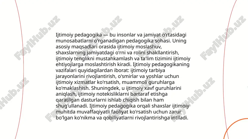 ‘plab ilmiy va amaliy jihatlarini o‘z ichiga oladi. yoshlar ijtimoiy pedagogika doirasida ta'lim va tarbiyaga alohida e'tibor beriladi. o‘zbekiston aholisining tahminan 60% yoshlar tashkil qiladi, bu esa yoshlar bilan ishlash jarayonining muhimligini ko‘rsatadi. ijtimoiy pedagogikada asosiy yo‘nalishlar sifatida ijtimoiy moslashuv, kasbiy yo‘naltirish, shaxsiy rivojlanish, va yetakchilik ko‘nikmalarini shakllantirish kabilar ajratiladi. 2022-yilda o‘zbekistonda davlat tomonidan 500 dan ortiq yoshlar markazlari faoliyat olib borgan, bu esa yoshlar bilan ishlashda ijtimoiy pedagogik yondashuvlar muhimligini oshiradi. ijtimoiy pedagogika yoshlarni ijtimoiy faoliyatga jalb etishda, ular o‘rtasida sog‘lom hayot tarzini targ‘ib qilishda muhim vosita hisoblanadi. ... t.me/slaydai_bot ijtimoiy pedagogikaning uslublari ta'lim va tarbiya jarayonlarini samarali o'tkazishga yordam beradi. asosiy uslublardan biri suhbat bo'lib, bu o'qituvchi va o'quvchi o'rtasida muloqotni rivojlantiradi. kuzatish uslubi orqali pedagoglar bolalarning ijtimoiy muhitga moslashuvini baholaydilar. amaliy mashg'ulotlar bolalarga nazariy bilimlarni hayotda qo'llashga imkon beradi. o'yin uslubi esa bolalarning ijtimoiy harakatlar orqali mustaqil va ijodiy fikrlashini rag'batlantiradi. statistik ma'lumotlarga ko'ra, o'qituvchilarning 70% ushbu …