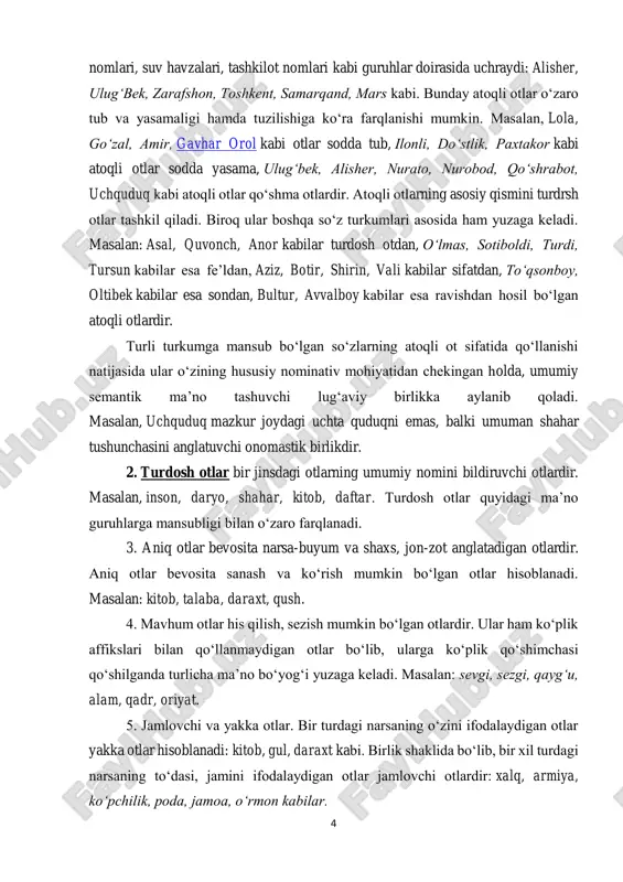 da qo‘llana oladi: o‘quvchiman, o‘quvchisan, o‘quvchimiz, o‘quvchisiz. biroq, narsa otlari (majoziy ma’nosini e’tiborga olmaganda) faqat uchinchi shaxs ma’nosdagina ishlatilishi mumkin. shuni ham ta’kidlash lozimki, atoqli va turdosh otlar o‘zaro ma’no jihatdangina emas, balki ba’zi grammatik xususiyatlariga ko‘ra ham farqlanadi. masalan, atoqli otlar faqat birlikda qo‘llanadi. ko‘plikda qo‘llanganda, ular grammatik ko‘plik emas, boshqa ma’no bo‘yoqlarga ega bo‘ladi. shuningdek, atoqli otlar turdosh otlarga va aksincha, turdosh otlar atoqli otlarga o‘tib turadi. masalan: lola-atoqli ot, ayni paytda, lola-tog‘da o‘sadigan gul ma’nosida turdosh otdir. dizel, amper, rentgen, bitner kabi otlar esa atoqli ot asosida shakllangan turdosh otlardir. atoqli otlarning turdosh otga aylanishida –lik qo‘shimchasidan ham foydalaniladi: kattaqo‘rg‘onlik, toshkentlik, andijonlik kabi. ot predmetlik tushunchasini ifodalovchi mustaqil so`z turkumidir . ingliz tilida otlik kategoriyasi artikl va predloglar bilan qo`llaniladi. ot turkumiga: tirik 2 a.baskakov, a. sodikov, a.abduazizov umumiy tilshunoslik. t., «ukituvchi» 1981. https://hozir.org/faoliyati-shuningdek-turli-sohalardagi-aloqa-jarayoni-ishtirok.html https://hozir.org/i-idrok-haqida-tushuncha-va-uning-fiziologik-asoslari-v2.html 6 mavjudotlarni (a boy, an animal, a bird, etc), ob`ektiv borliqdagi predmetning, …