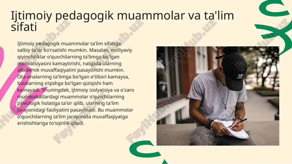 aratilgan. ushbu loyiha orqali ta'lim tizimida ijtimoiy pedagogik muammolarni hal etishga erishildi, bu esa ijtimoiy integratsiyani kuchaytirdi. shuningdek, "yoshlar uchun ta'lim va rivojlanish" dasturi ham ijtimoiy integratsiyani qo'llab-quvvatlaydigan yana bir misoldir, u talabalarni ijtimoiy mas'uliyat va etika bo'yicha tarbiyalashga qaratilgan. ijtimoiy integratsiyaning yutuqlari ijtimoiy integratsiya taʼlim jarayonida bir qancha muhim yutuqlarga erishishga imkon berdi. bu yutuqlar quyidagi sohalarda namoyon bo‘ladi: 1. **ijtimoiy barqarorlik**: ijtimoiy integratsiya, har xil ijtimoiy guruhlar o‘rtasida muloqot va hamkorlikni yaxshilash orqali ijtimoiy barqarorlikni ta'minlaydi. bu, turli etnik va madaniy guruhlarning ta'lim jarayonida birga ishlashini osonlashtiradi. 2. **iqtisodiy rivojlanish**: ta'limda ijtimoiy integratsiya iqtisodiy o‘sish uchun zamin tayyorlaydi. yangi bilim va ko‘nikmalarga ega bo‘lgan yosh avlod, iqtisodiy faoliyatga jalb qilinadi va innovatsiyalarni rivojlantirishda muhim rol o‘ynaydi. 3. **madaniy diversifikatsiya**: ijtimoiy integratsiya madaniy diversifikatsiyani ta'minlaydi, bu esa ta'lim jarayonida turli madaniyatlar va an'analarni birlashtirishga yordam beradi. buning natijasida talabalar o‘zaro hurmat va tushunishni rivojlantiradi, bu ta'lim muhitini boyitadi. ushbu …