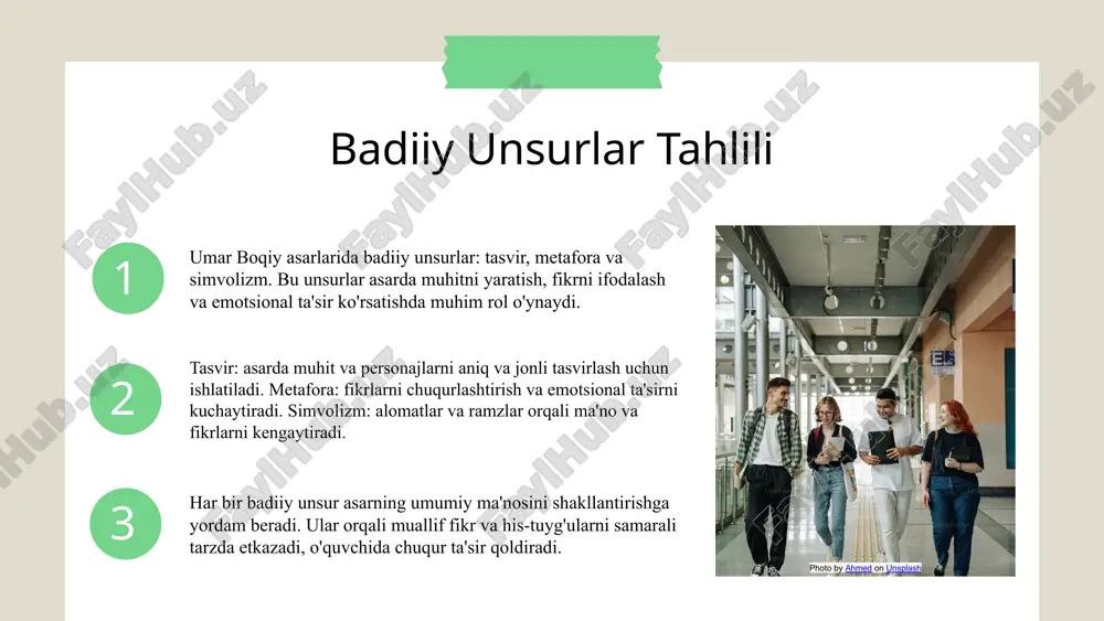 ora, ohang, ritm va hikoya tuzilishini o‘z ichiga oladi. bu elementlar yordamida yozuvchi fikrni chuqur va ta’sirli tarzda ifoda etadi, asarga badiiy jozibadorlik va ma’no qatlamlarini qo‘shadi. umar boqiy asarlarida poetika uning badiiy ifoda uslublari va estetik tamoyillarini belgilovchi muhim elementlardan biridir. bu elementlar asarlarning estetik va ijodiy qirralarini shakllantiradi. umar boqiy ijodida poetika mavzular, obrazlar va til uslublarining uyg'unligi bilan ifodalanadi. bu uning asarlarining badiiy ifoda uslubining o'ziga xos xususiyatlarini ta'minlaydi. umar boqiy nasrida poetika muallifning falsafiy va estetik qarashlarini namoyon qiluvchi vositadir. bu, shuningdek, mazmun va uslubiy xususiyatlarni animatsiya va estetik ravishda ifodalashda yordam beradi. umar boqiy va poetika poetika va tematik yondashuv o'rtasidagi bog'liqlik, nasrda badiiy ifoda uslublarining shakllanishiga ta'sir qiladi. poetika — badiiy matnning estetik va formal xususiyatlarini o'rganadigan fan bo'lib, asarning badiiy dunyosini yaratishda asosiy tamoyillarni belgilaydi. tematik yondashuv esa, asarning mazmuni va mavzulariga qaratilgan bo'lib, uning asosiy fikr va ma'nolarini ochib berishga xizmat qiladi. …