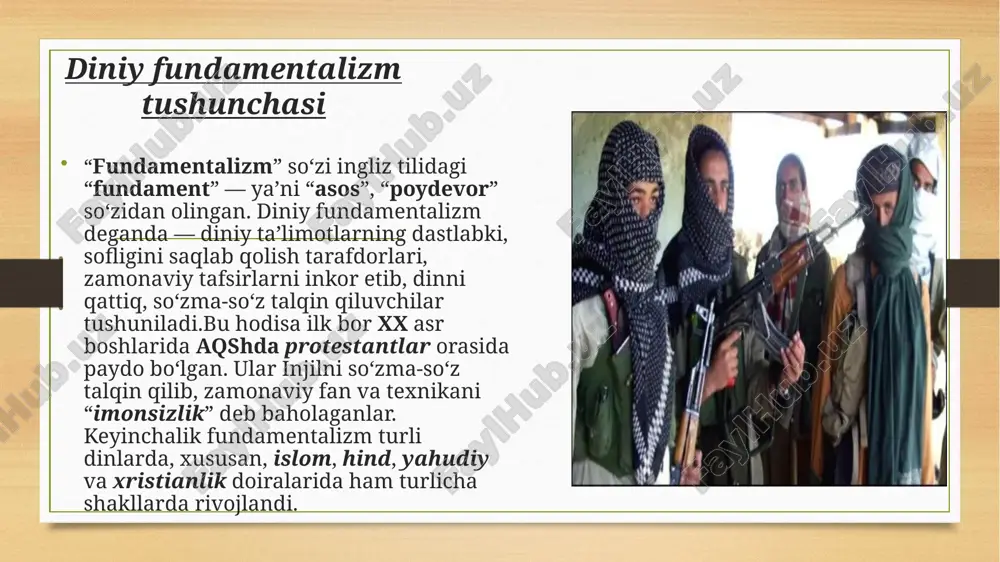 am diniy ekstremizm va terrorizmning eng keskin shakllarini ifodalaydi hamda diniy g‘oyalarni siyosiy maqsadlar uchun ishlatishning xavfli misollaridir. radikalizm tushunchasi radikalizm (lotincha radix — “ildiz”) — jamiyatdagi mavjud siyosiy, iqtisodiy yoki dini tizimni butunlay o‘zgartirishni maqsad qiluvchi keskin qarashlar tizimidir.radikal fikr egalari bosqichma-bosqich o‘zgarishlarni tan olmay, tez, inqilobiy yo‘l bilan natijaga erishmoqchi bo‘ladilar.u siyosiy, diniy, milliy va mafkuraviy shakllarda namoyon bo‘ladi.dastlab siyosiy harakat sifatida vujudga kelgan bo‘lsa, keyinchalik diniy radikalizm sifatida ham keng tarqalgan. radikalizmning tarixiy shakllanish bosqichlari 1-bosqich: siyosiy radikalizm davri (xviii–xix asrlar)radikalizm tushunchasi fransuz inqilobi (1789–1799) davrida paydo bo‘lgan.o‘sha paytda “radikallar” deb monarxiyani ag‘darib, xalq hokimiyatini o‘rnatmoqchi bo‘lgan guruhlar atalgan.keyinchalik bu g‘oyalar yevropaga tarqalib, liberalizm va sotsializm bilan yonma-yon rivojlandi. 2-bosqich: mafkuraviy radikalizm davri (xx asr boshlarida)xx asrda radikalizm kommunizm, fashizm, millatchilik kabi mafkuralar shaklida paydo bo‘ldi.radikallar o‘z maqsadlariga erishish uchun zo‘ravonlik, inqilob va terror usullaridan foydalanishni boshladilar.shundan boshlab “radikal” so‘zi “zo‘ravonlik tarafdori” ma’nosini ola boshladi. 3-bosqich: diniy …