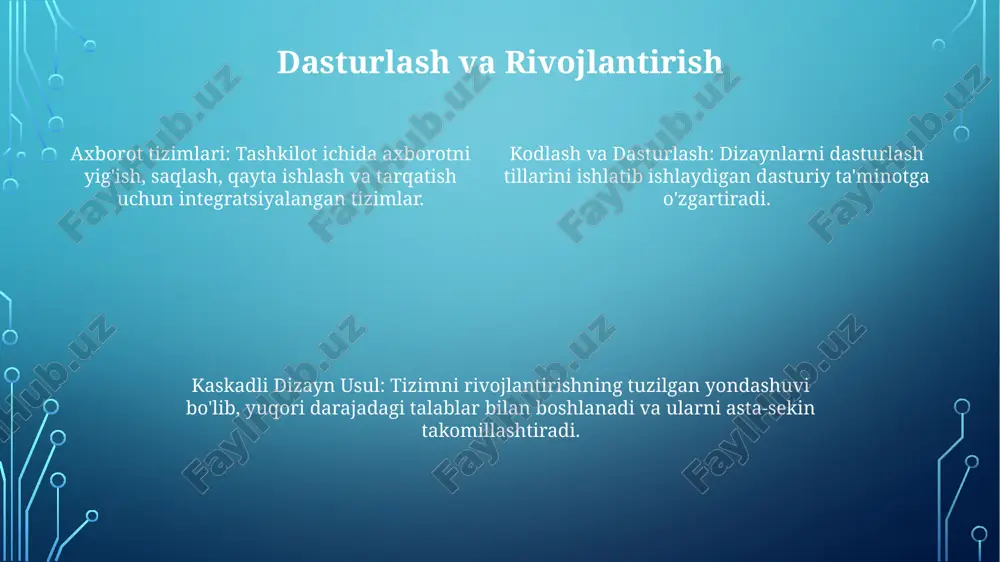 onal va funktsional bo'lmagan talablarni hujjatlashtirish. axborot tizimlari uchun kaskadli dizayn usuli: tizimning umumiy tuzilishini aniqlash uchun talablarni yig'ishdan foydalanadi, keyin uni kichikroq qismlarga ajratadi va ierarxik dizaynga olib keladi. e'tiboringiz uchun rahmat @taqdimot_robot image1.png image2.png image3.png image4.png image5.png
