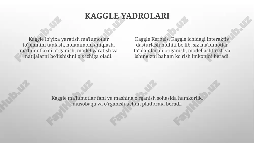 zalang va o'zgaruvchilarni o'zgartiring. kaggle loyihasi tuzilmasi: aniq muammo bayonoti, kod, vizualizatsiya va batafsil tahlilni o'z ichiga olgan tuzilgan yondashuvga amal qiling. xulosa loyiha maqsadlaringizni va istalgan natijalarni aniq belgilang. ma'lumotlarni tahlil qiling, model ishlab chiqing va xulosalaringizni aniq va qiziqarli tarzda taqdim eting. sizga qiziqarli va mahoratingizga mos keladigan ma'lumotlar to'plamini tanlang. kaggle musobaqalari haqiqiy dunyo ma'lumotlar to'plamlariga va amaliy muammolarga kirish imkoniyatiga ega bo'ling. boshqa ma'lumotlar olimlari bilan raqobatlashing va ko'nikmalaringizni oshiring. ma'lumotlar fani ko'nikmalaringizni namoyish etuvchi portfel yarating. e'tiboringiz uchun rahmat @taqdimot_robot image1.png image2.png image3.png