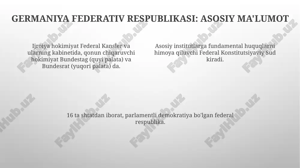 si, qonun chiqarish va kanzlerni saylash uchun javobgar. federal kansler: hukumat rahbari, federal hukumatni boshqaradi va siyosatni shakllantiradi. bundesrat: federal kengash bundesrat a'zolari shtat hukumati tomonidan tayinlanadi va ularning manfaatlarini himoya qiladi. bundesrat germaniyaning federal respublikasining ikki qonun chiqaruvchi organi hisoblanadi. u 16 ta federal shtatni ifodalaydi va qonun chiqarishda bundestag bilan teng kuchga ega. e'tiboringiz uchun rahmat @taqdimot_robot image1.png image2.png image3.png