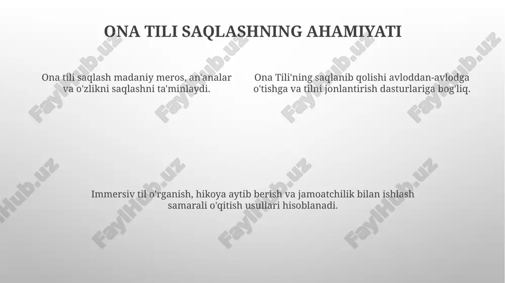 kirish va o'zaro ta'sirni ta'kidlaydi. samarali usullar: tilga to'liq sho'ng'ish, hikoya yozish va amaliy mashg'ulotlar muhim. ona tili ta'limi: madaniy kontekstga, avloddan-avlodga o'tishga va tilni tiklashga qaratilgan sa'y-harakatlar. e'tiboringiz uchun rahmat @taqdimot_robot image1.png image2.png image3.png