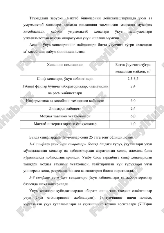 zal ko'rinishidagi variantda loyihalash maqsadga muvofiq hisoblanadi. maktab binolarining kompozitsiyasi quyidagi asosiy turlarda ifodalanadi. maktab binosining pavilon ko'rinishidagi turi o'quvchilar yoshini hisobga olib turib birlashtirishning maksimal darajasi ta'minlanishiga imkoniyat yaratadi. bunda bloklarni funktsional vazifalar bo'yicha ajratishga, gigienik talablarni maksimal tarzda hisobga olishga erishiladi. pavilon ko'rinishidagi sxema iqlimi issiq hududlar uchun qo'llaniladi. maktab binosining markazlashgan-blokli turi amaliyotda keng qo'llaniladigan namunaviy loyihalarga asoslanadi. maktab binosining perimetrli turi yopiq hovli atrofida shakllantiriladi. umumta'lim muassasasining rivojlangan markazli loyihasi yirik maktablar qurilishida qo'llaniladi, bu turdagi o'quv muassasalarining loyihasi o'quvchilarning darsdan tashqari faoliyatini oqilona tashkil qilish imkoniyatini beradi. ichki hajmi yirik bo'lgan kompakt (ixcham) turga mansub o'quv muassasalari. maktab binolarining o'ta kompakt (ixcham) va rejalashtirilishi o'zgaruvchan bo'lgan turi maydonlardan samarali foydalanishni ta'minlab, an'anaviy turdagi maktab binolaridagi yacheykali strukturani o'zgartirish imkoniyatini beradi. umuman olganda, maktab binolarining kompozitsion rivojlanishida uchta asosiy yo'nalishni ajratish mumkin: markazlashtirilgan, markazlashtirilmagan, rivojlangan markazli tizim. o'quv kabinetlarini rejalashtirish variantlari umumfoydalanishdagi internet-markazi xonasidagi kompyuterlarni joylashtirish …