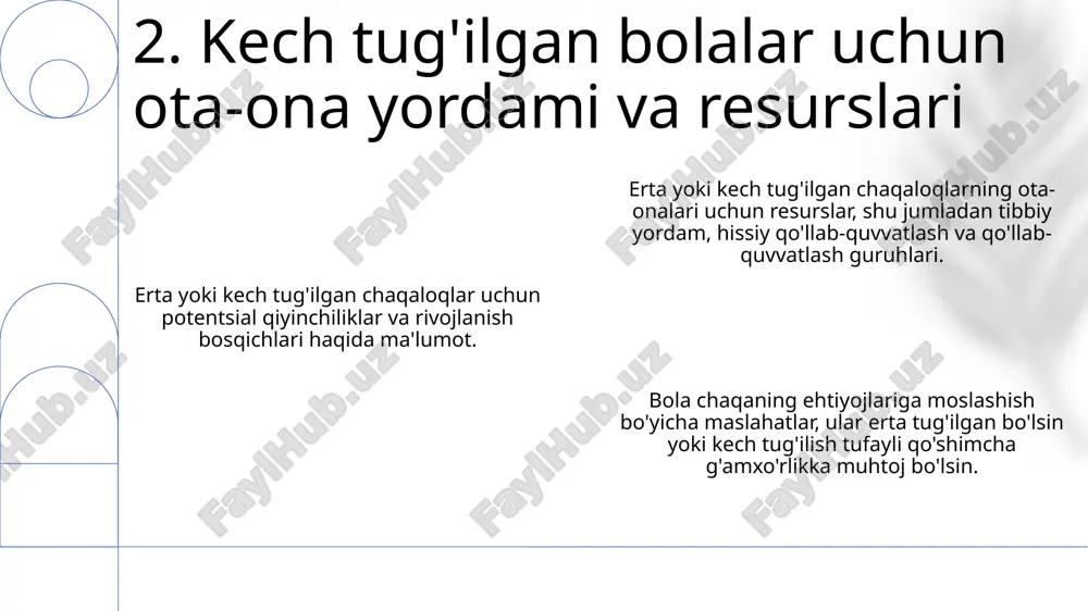 n bolalar, odatda, uzoq muddatli sog'liqni saqlash natijalarini beradi. 15. kech tug'ilishning uzoq muddatli sog'liqqa ta'siri ma'lumot: qo'llab-quvvatlash guruhlari ota-onalarni o'xshash tajribaga ega bo'lgan boshqa ota-onalar bilan bog'laydi, ularga hissiy qo'llab-quvvatlash va maslahat beradi. march of dimes kabi tashkilotlar erta tug'ilgan chaqaloqlarga ega oilalarga yordam va resurslarni taqdim etadi. ma'lumot: onlayn manbalar erta yoki kech tug'ilgan bolalarga oid rivojlanish bosqichlari, ovqatlantirish va boshqa tashvishlar haqida ma'lumot beradi. 16. ota-ona yordami va erta tug'ilish uchun resurslar to'liq muddatli homiladorlik: bola rivojlanishi uchun eng maqbul vaqt, erta tug'ilish yoki kech tug'ilish bilan bog'liq xavflarni kamaytiradi. kech tug'ilish: tug'ruq paytida, masalan, elka dislokatsiyasi kabi asoratlar xavfi yuqori va homilada qiyinchilik yuzaga kelishi mumkin. erta tug'ilish: nafas olish muammolari, serebral paralich va rivojlanishdagi kechikishlar xavfini oshiradi. 17. erta tug'ilish bilan bog'liq tibbiy xavflar e'tiboringiz uchun rahmat @taqdimot_robot image1.png image2.png image3.png image4.png image5.png image6.png image7.png image8.png image9.png image10.png image11.png image12.png image13.png image14.png image15.png image16.png image17.png …